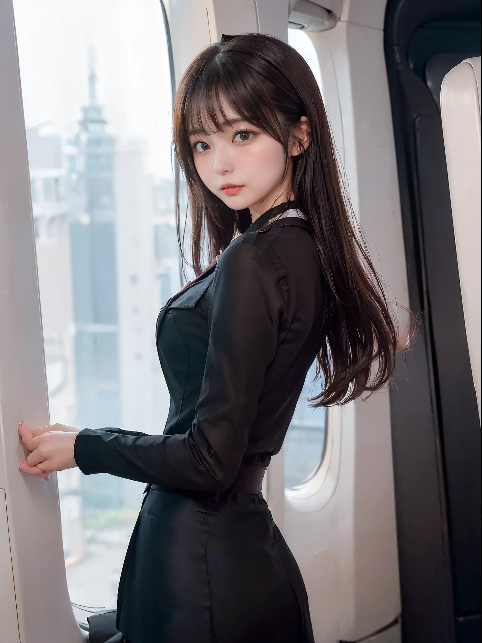 (Black pantyhose、From Side、low angles、In-flight、Wear flight attendant suits and skirts:1.8),(((Black hair up、Orgasmic expression、Embarrassing、red blush、embarrassed from、Mouth ajar))),((((Stewardess、Dark blue skirt suit、small tits、oestrus、I'm、high-heels)))),((In-flight、Stewardess))、masutepiece, 1girl in, best qualtiy, Ultra Detail, (shiny), (Small)、(((with blush cheeks,))),Ray tracing,Perfect Lighting, (milky skin:1.2),reflection, From above、blush, bow ribbon, yellow_Eyes, White choker, (((A slender,Japan's cutest 28-year-old beautiful girl)))