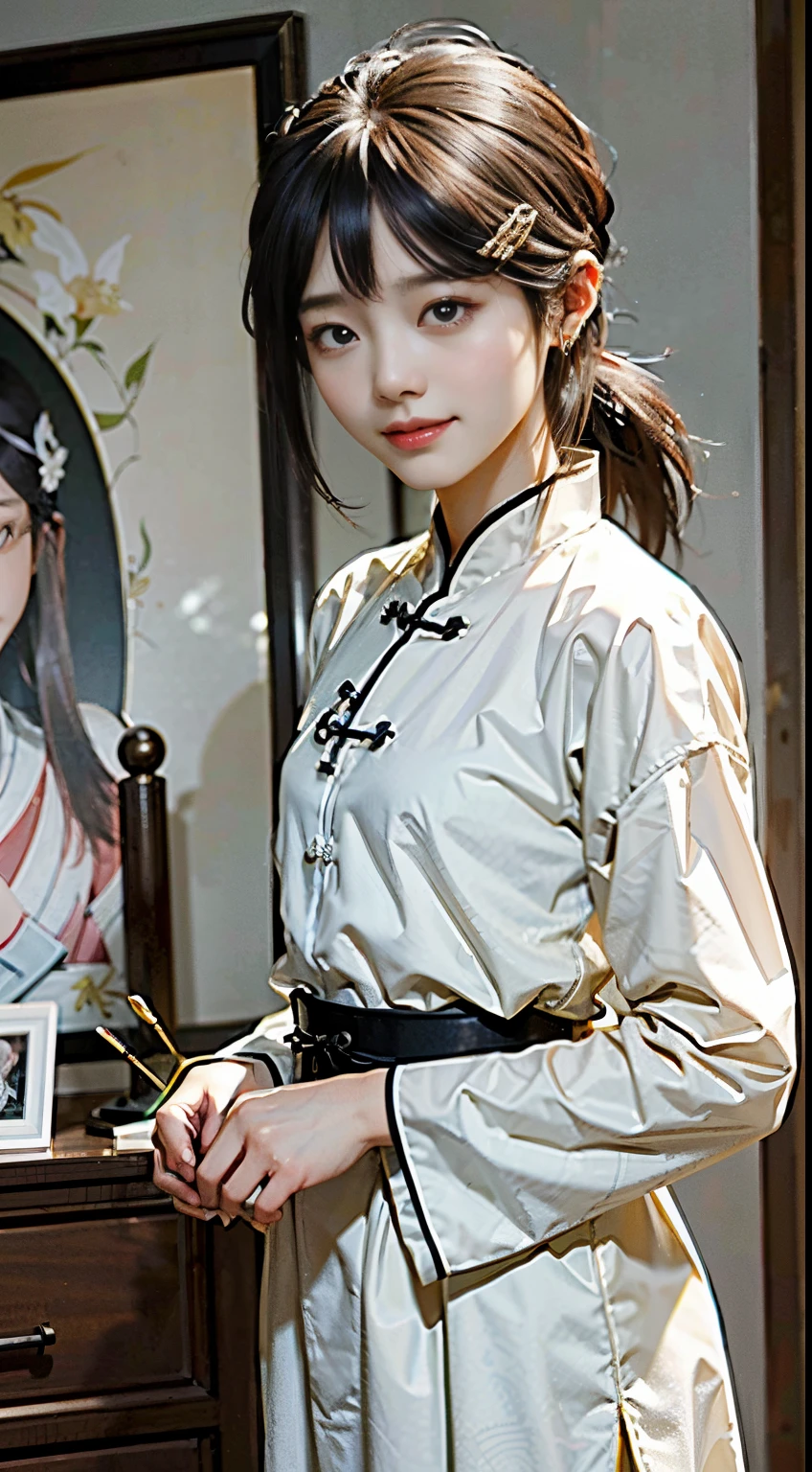 (best-quality:0.8), (best-quality:0.8), 完美的动漫插画，极度特写的美女穿城而过 身材丰满 Chinese beauty, beautiful and delicate face, loose
Han clothing, Chinese long sleeves, yellow and
white, fluttering silk, delicate round earrings,
classical atmosphere, pale skin, smile, ethereal and
dreamy, comfortable atmosphere, Song Dynasty
artist Zhao Ji style, image It imitates the famous
painting Ruihe, yellow and white, the feeling of calm
and tranquility, Chinese meticulous painting --ar3:4
--5 150
--niji 5 --style expressive