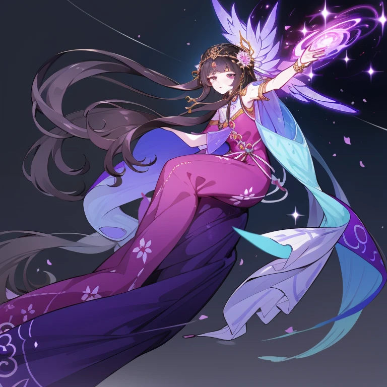 goddess in purple dress，Chinese style clothes，Be transported to the awe-inspiring realms of the universe, Transform her into a saint with immense powers and miracles.
In splash art,  She is now a luminous and ethereal being, Decorated with celestial patterns and glowing stardust. Her wings twinkle with traces of stardust, Symbolizing her connection to the heavenly bodies.