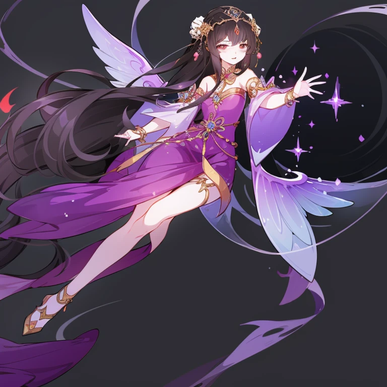 goddess in purple dress，Chinese style clothes，Be transported to the awe-inspiring realms of the universe, Transform her into a saint with immense powers and miracles.
In splash art,  She is now a luminous and ethereal being, Decorated with celestial patterns and glowing stardust. Her wings twinkle with traces of stardust, Symbolizing her connection to the heavenly bodies.