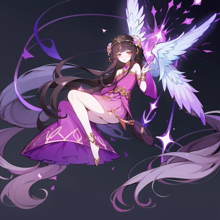 goddess in purple dress，Chinese style clothes，Be transported to the awe-inspiring realms of the universe, Transform her into a saint with immense powers and miracles.
In splash art,  She is now a luminous and ethereal being, Decorated with celestial patterns and glowing stardust. Her wings twinkle with traces of stardust, Symbolizing her connection to the heavenly bodies.