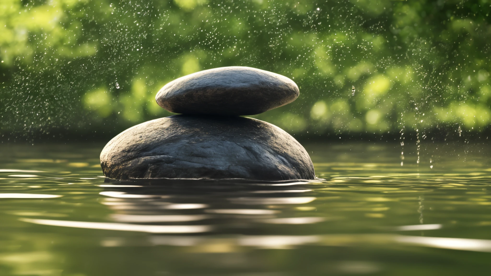 Tranquil zen setting, stack of smooth black stones, bamboo stick, clear water, vibrant green backdrop, sense of harmony, peace, natural elements, water droplets, nature's simplicity:: Reflections, ripples on water surface, heavy rain atmosphere, high-resolution, artistic depth of field:: Photorealistic, professional photograph, trending on ArtStation, Bokeh, HDR, UHD:: Text, human hands::-0.5 -- 8k, highly detailed::0.8 make the water moving --auto --s2