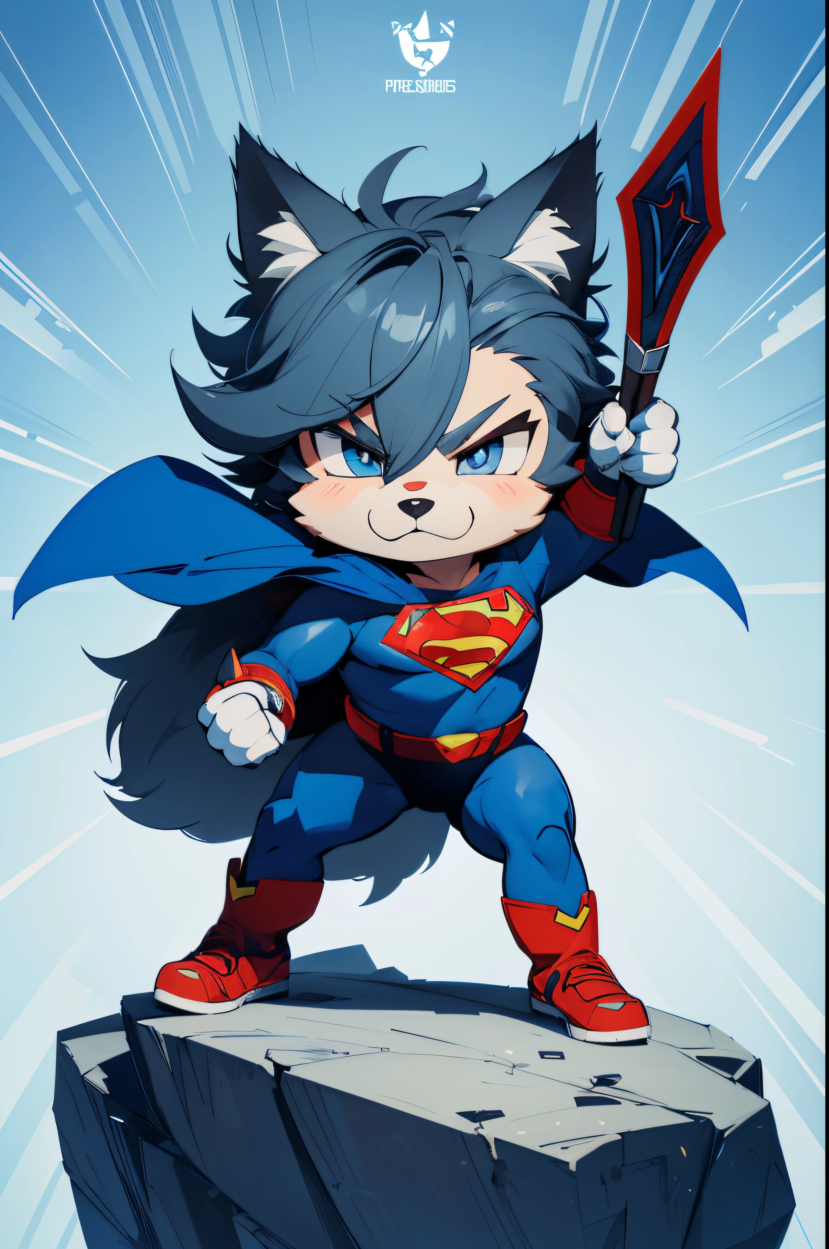 cartoon wolf in a blue cape and blue cape with a bat, vector art by Ivan Ranger, pexels, sots art, superhero with a wolf head, fat wolf superhero, super heroes, super hero pose, hero action pose, hero character, superheroes, hero character art, wolf from league of legends chibi, super hero, positing on rock super hero pose, 2d cute cartoon art, no muscle, chubby and cute, wolf face, chibi art style, bright color, grey to dark blue fur, 'W' logo on his chest, male wolf, superman sign on his chest, full clothes, cute husky dog, no human, sword