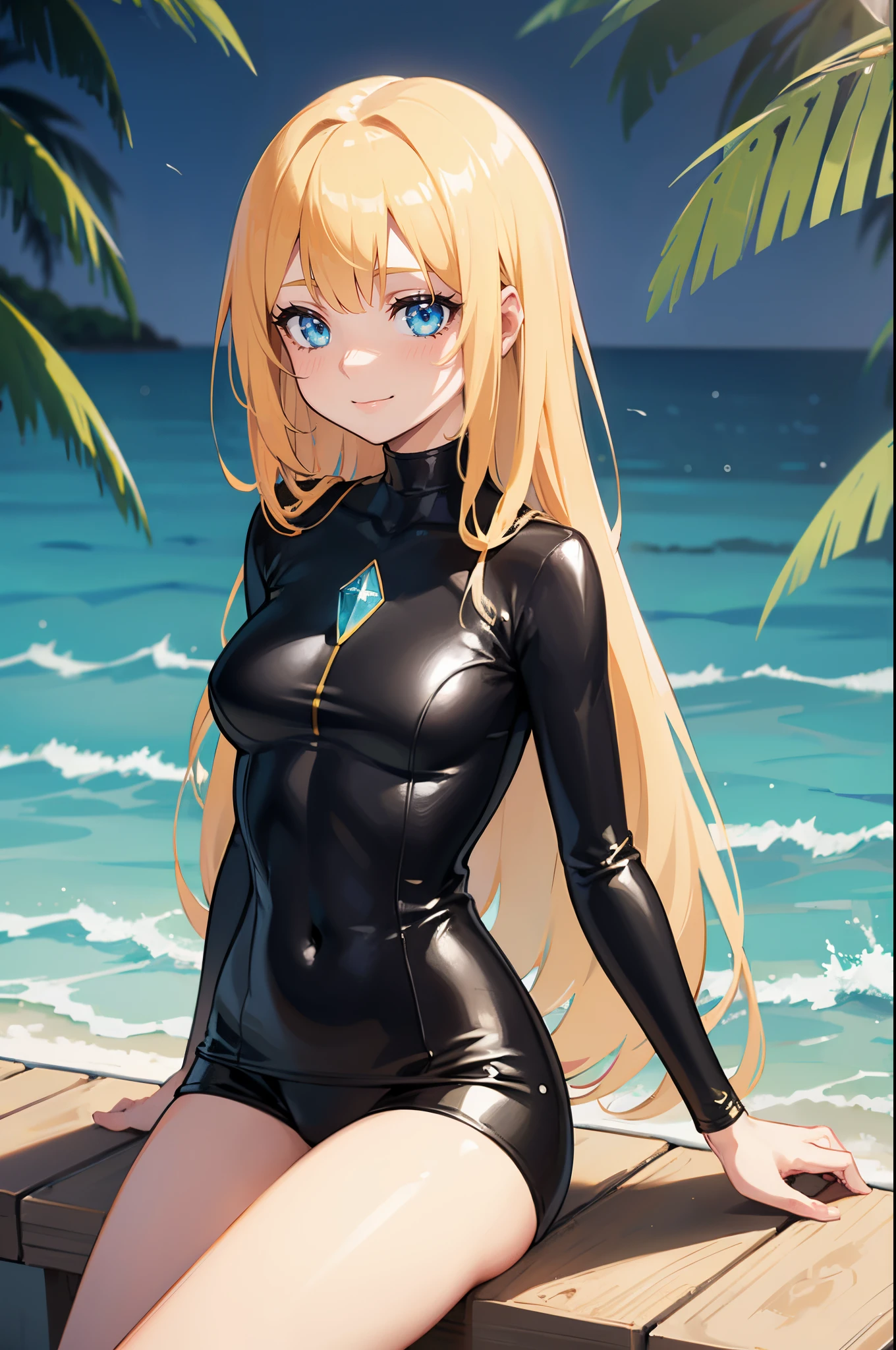 Safe for work, masterpiece, best quality, solo, 1 girl, (young female body:1.4), ( medium breasts), slender legs, golden yellow hair, extra long hair, blunt bangs, crystal blue eyes, very detailed eyes, beach, sitting, elegant, smiling, flustered, cute girl, cowboy shot, black rashguard swimsuit with shorts, completely black swimsuit, detailed eyes, expressive face