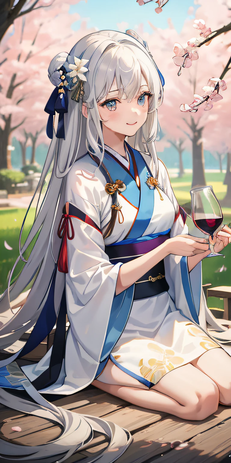 1girl, (hanfu), with light glowing, sidelighting, Wallpapers,Costume man,tmasterpiece, Best quality at best, offcial art, 8k wallpaper, The is very detailed, illustratio, Azure hair, long whitr hair, A detailed eye, Forrest, Hanfu,lakes, pure, gently smiling,Hold the wine jar,