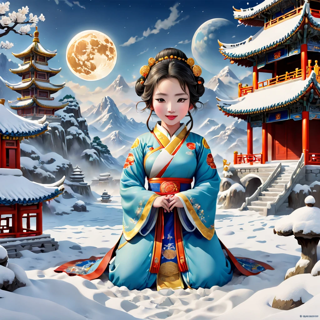 (Chinese Mythology Moon Palace Snow Scenery Draft: 1.4),(Symmetrical: 1.5),(tmasterpiece，A girl kneels on the snow and builds a snowman with her hands: 1.5, Chinese elements)，(Cute Snowman: 1.5, in the middle of a),（China - chic illustration:1.2, Vector painting:1.2),(Chinese colors,senior color matching),(reasonable design, Clear lines, High sharpness,Best quality, Very detailed, tmasterpiece, offcial art, movie light effect), (concept-art, Ghibli-style colors, ultra-realistic realism, hyper HD, tmasterpiece, acurate, Anatomically correct, super detailing, Award-Awarded, Best quality at best, A high resolution, 8K，The picture is bright，globalillumination，high saturated)