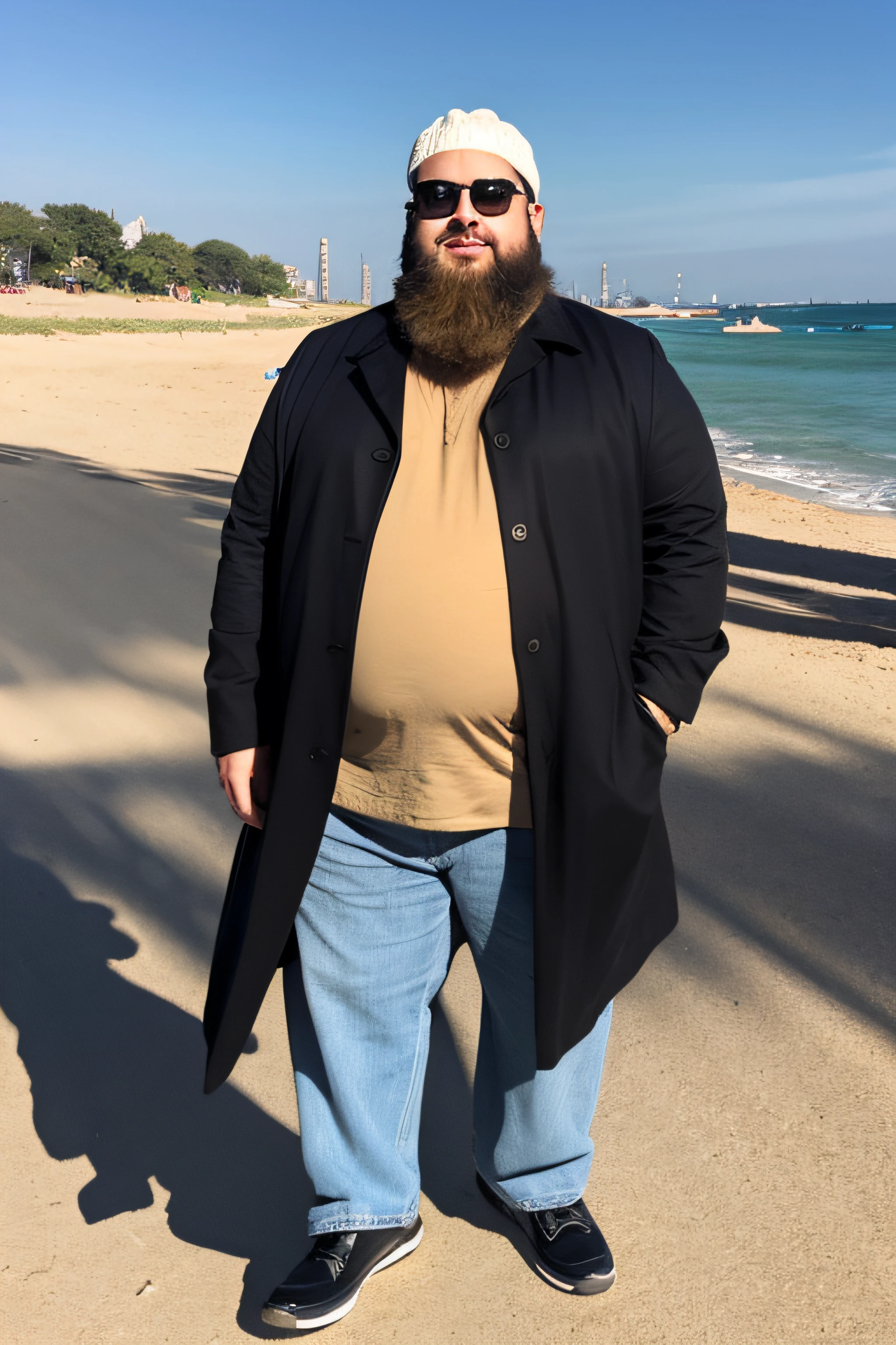 A fat man wears sunglasses, has a beard, and is neatly dressed.