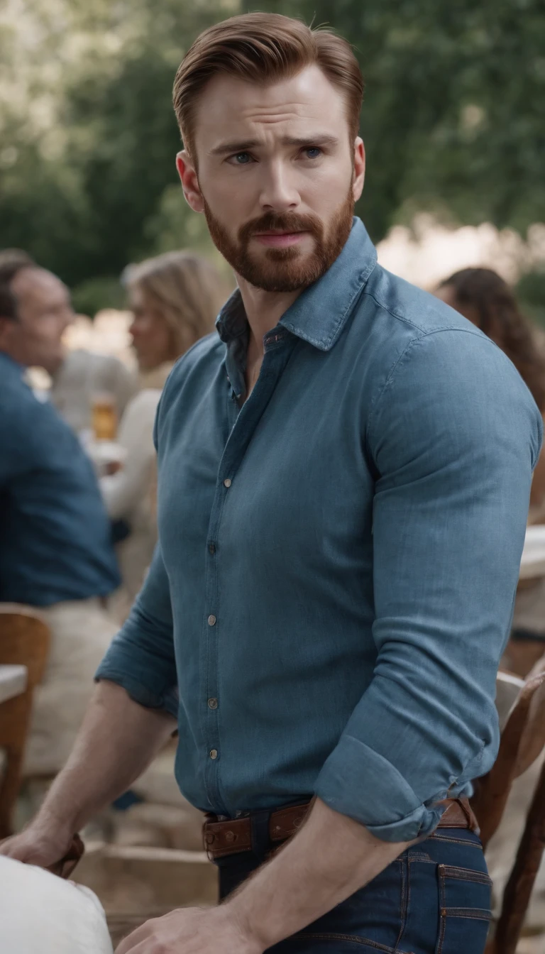 hyper HD, tmasterpiece, Best quality at best, Chris Evans,4K, parks, Some tables, Some chairs, Instagram, Maximalism, 1 persons , Blue denim shirt, short skirt
