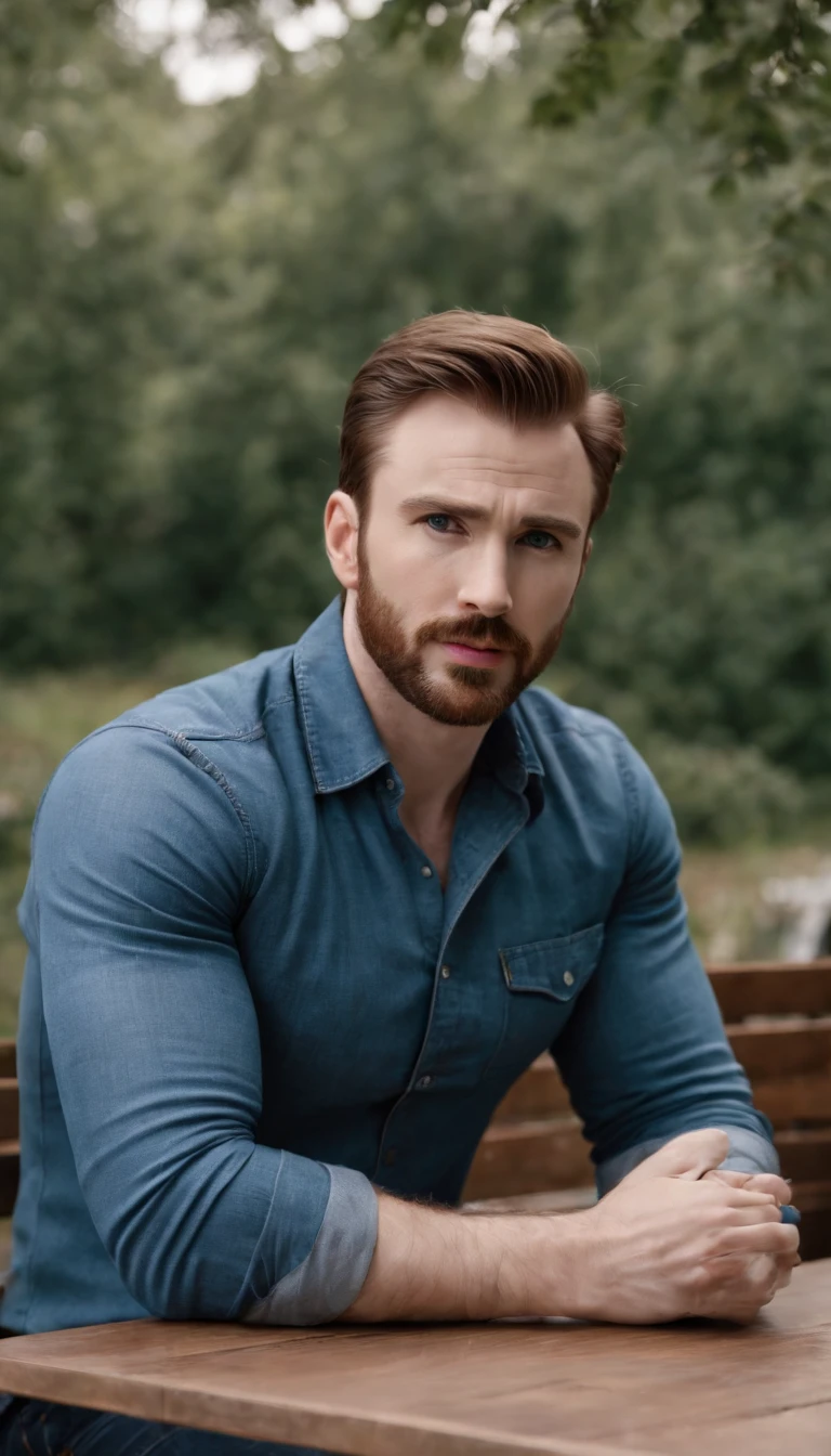 hyper HD, tmasterpiece, Best quality at best, Chris Evans,4K, parks, Some tables, Some chairs, Instagram, Maximalism, 1 persons , Blue denim shirt, short skirt