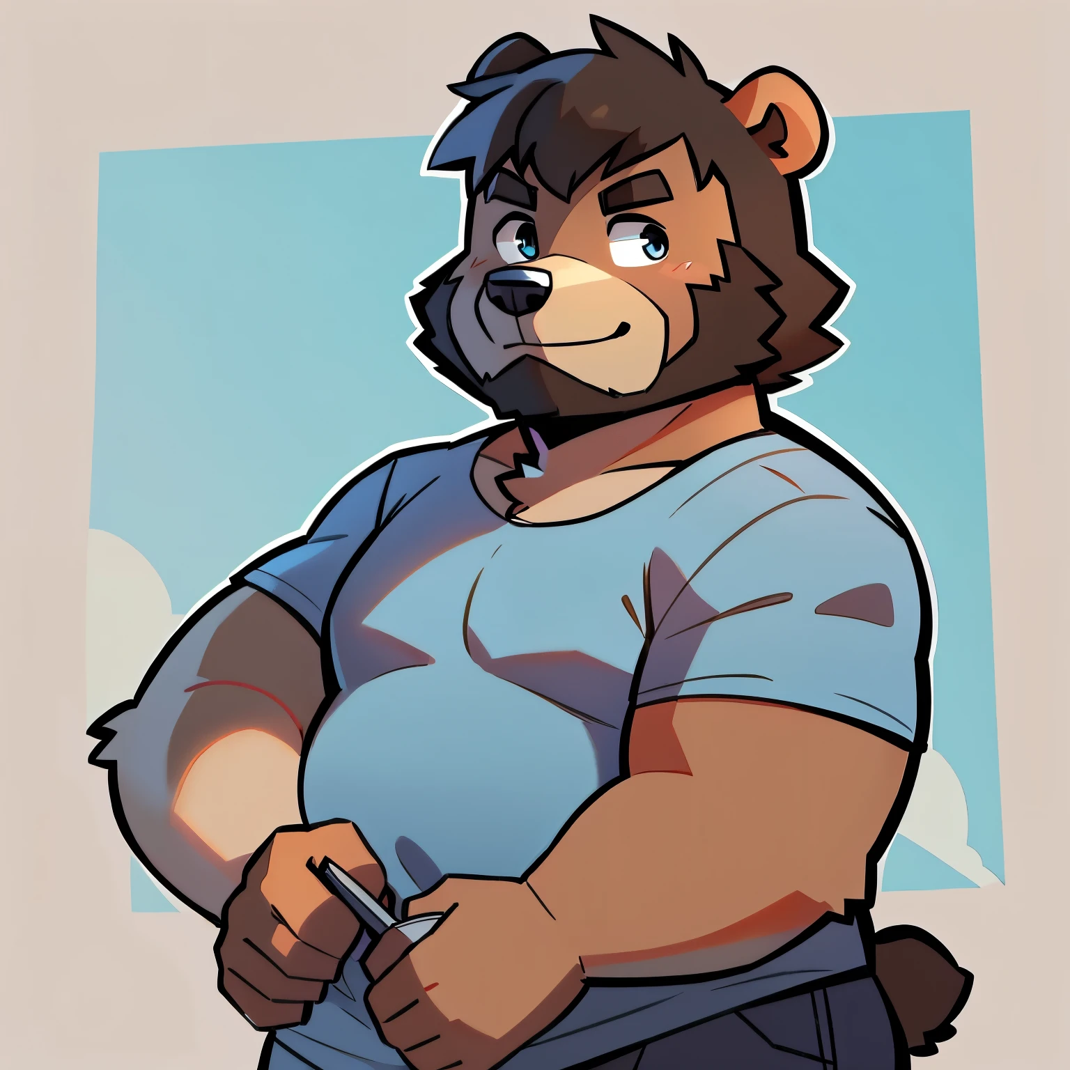 1boy, Bear, cute, chubby body, Full beard but little volume, Simple blue t-shirt, Short hair with side bangs
