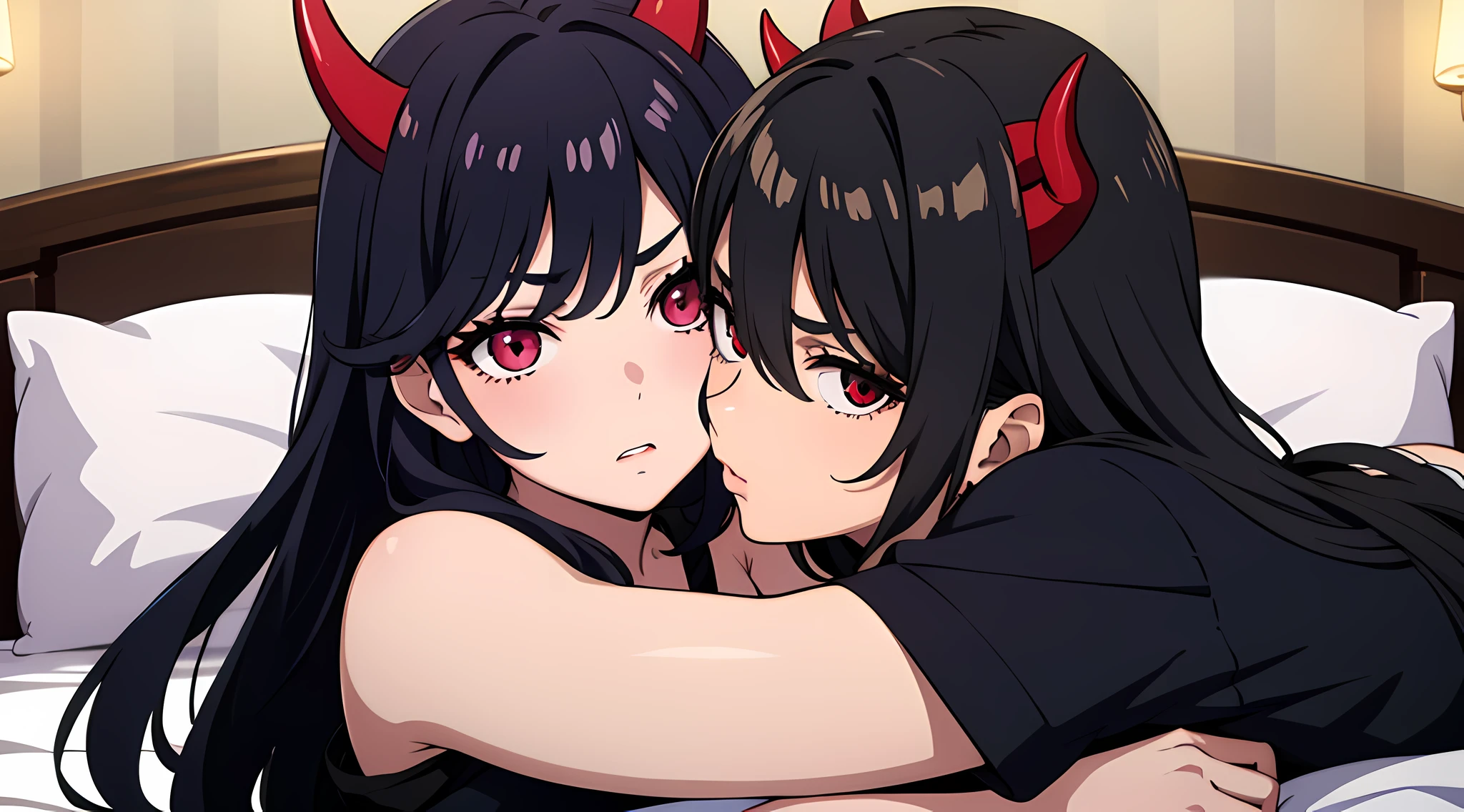 2 onigirl, (((lesbian couple))), big breast,lingerie, succubus, horny expression, mature female, black hair, red eyes, oni horns, short hair, short bangs, mature female, red hair, red eyes, oni horns, long twinails,(yuri), ((lesbian anime sexy)) 8k, very detailed art, ecchi anime, lewd eyes, lewd expression, in succubus realm, (blurred_background: 0.8), ambient illumination, pro illustrator, ((ero)), sexy, (masterpiece), detailed art, detailed lingerie, godess