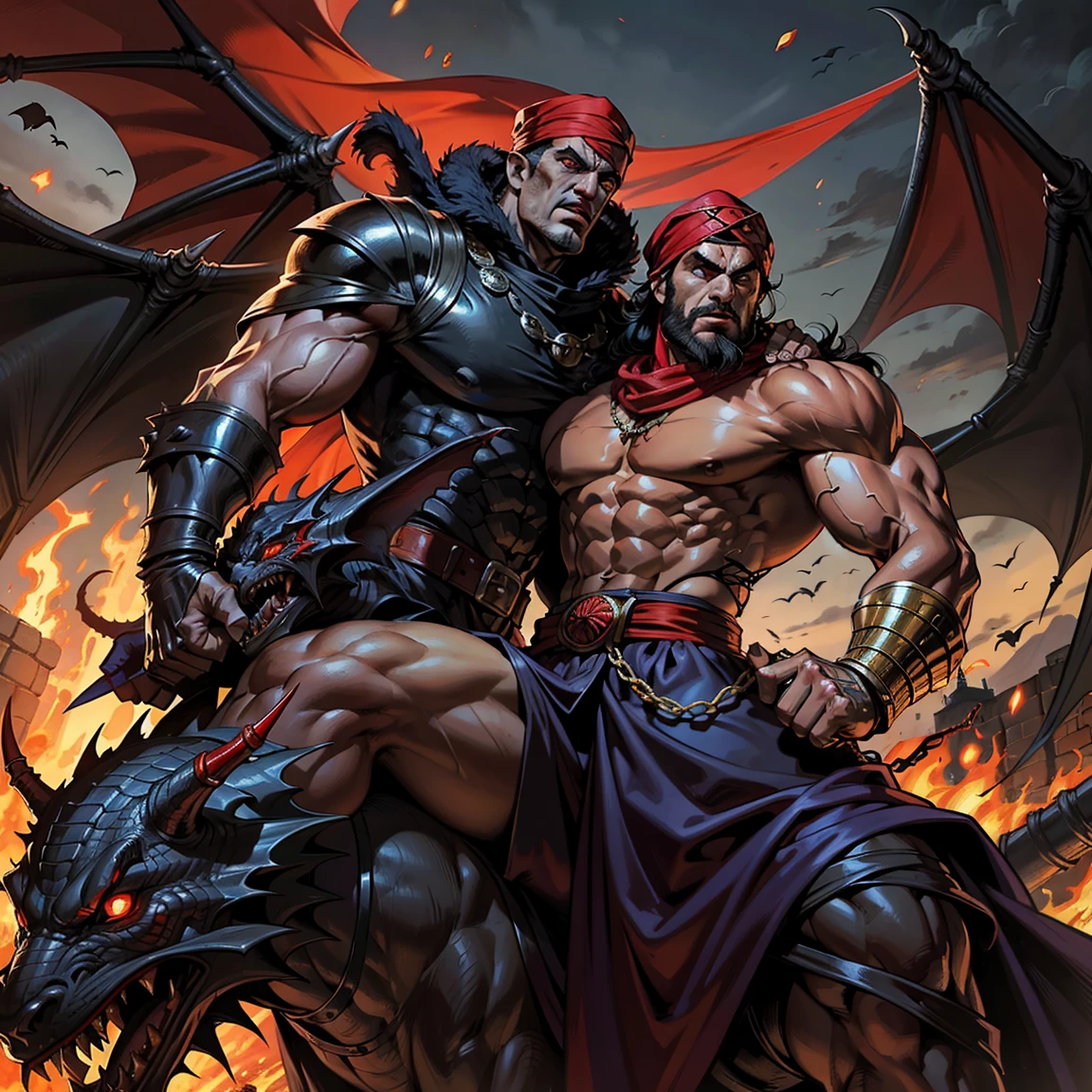 Super Detailed Dynamic Shot of Lord Dracula's Centerpiece Medieval Arab Warrior with a Red Turban Scary Face Hokuto No Ken Structure Muscular Face Kenshiro riding a legendary fire dragon Scary dragon marching with his Moroccan army