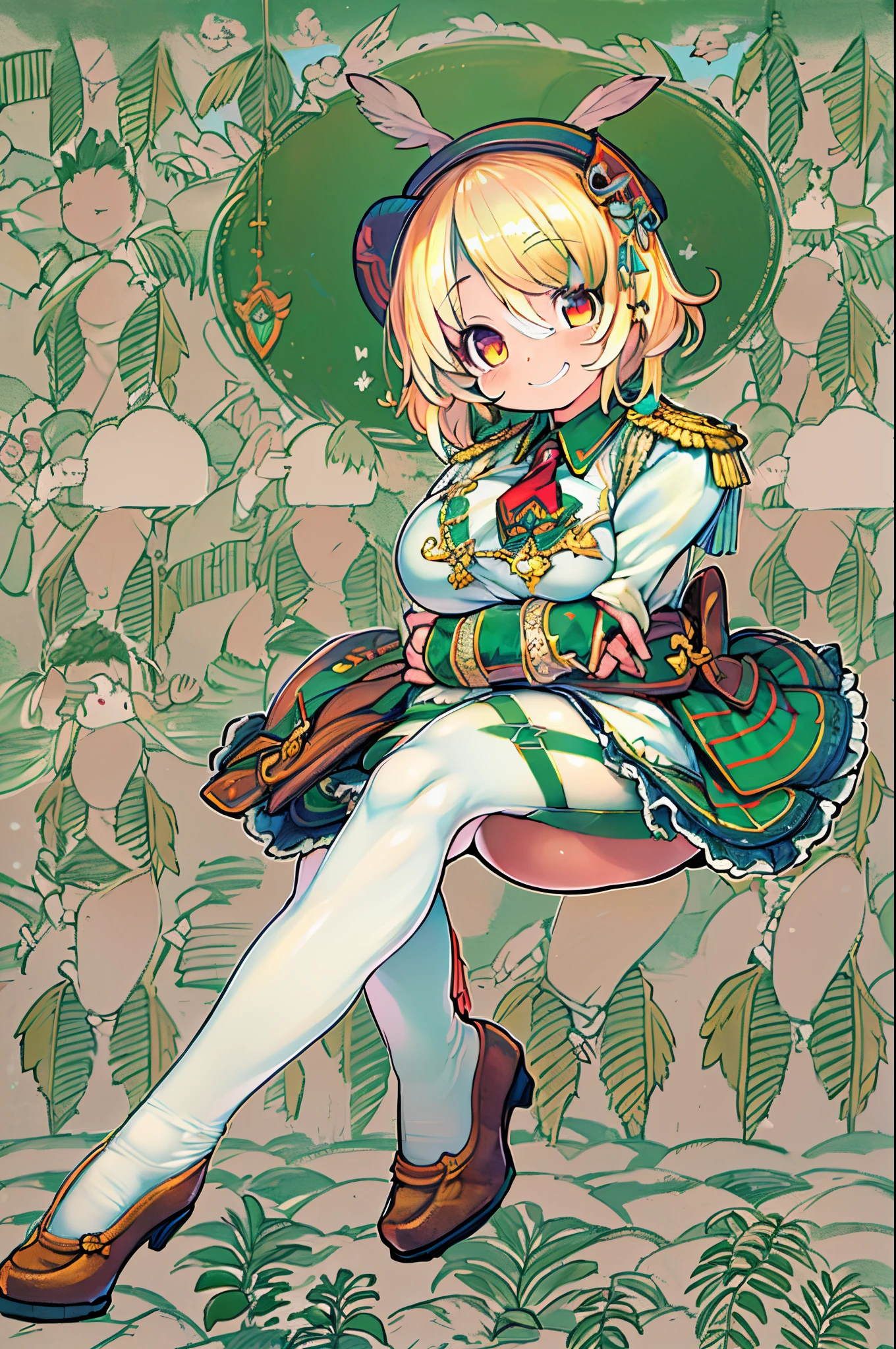 (masutepiece, Best Quality:1.2), Cowboy Shot, Solo, 1girl in, alicia melchiott, Smile, Looking at Viewer, arms folded, Twin-tailed, Head dress, Military uniform, neck tie, thighs thighs thighs thighs