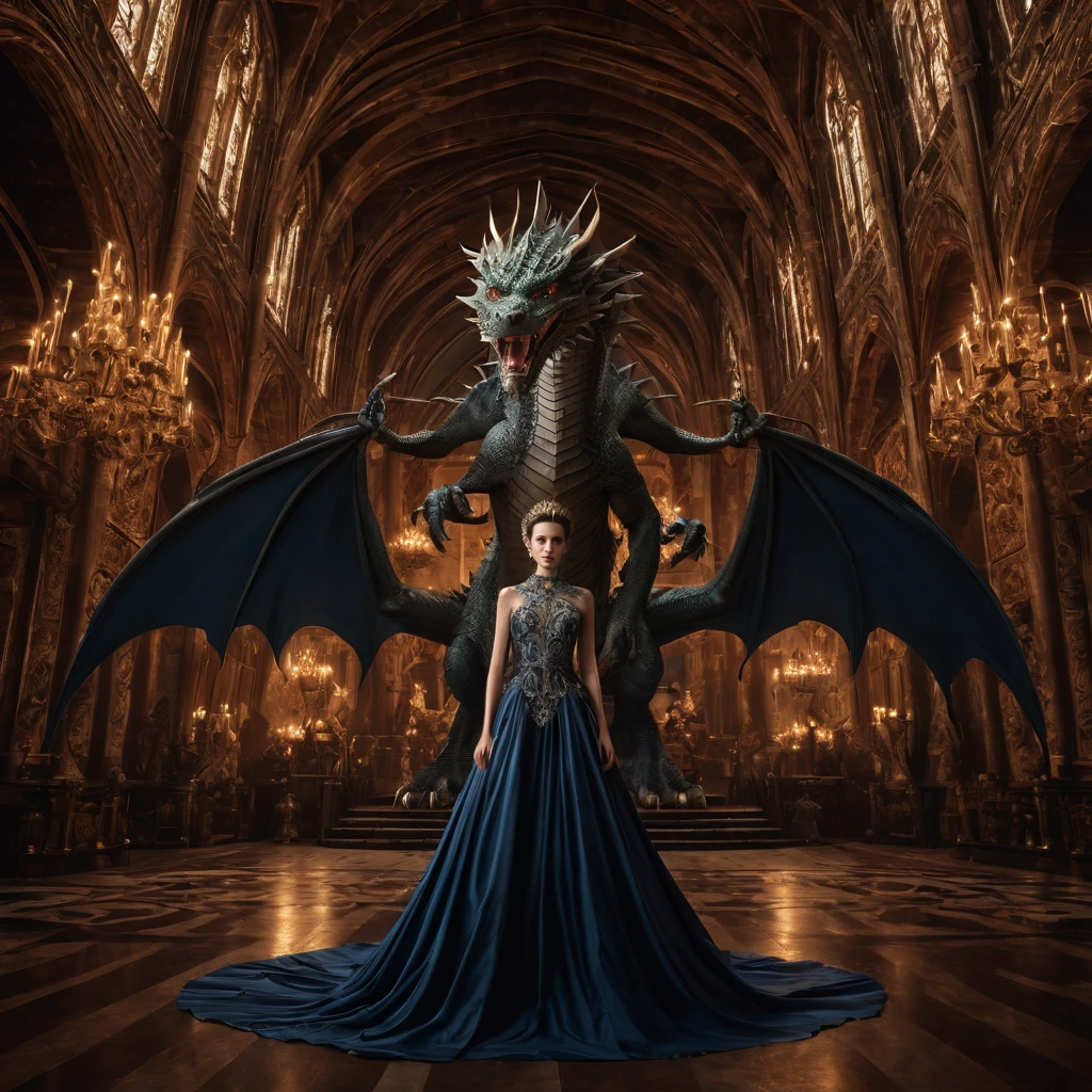 Capture a photo-realistic image of a grand throne room with gothic architecture, tall arches, and elaborate carvings. In the center stands a queen with a regal demeanor, dressed in an intricate, floor-length gown. Behind her rises a colossal multi-headed dragon with sharp fangs and scales, its heads roaring menacingly towards the sky. The lighting casts a dramatic atmosphere, with the dragon's twisted body and the queen's dress details meticulously defined, evoking a sense of