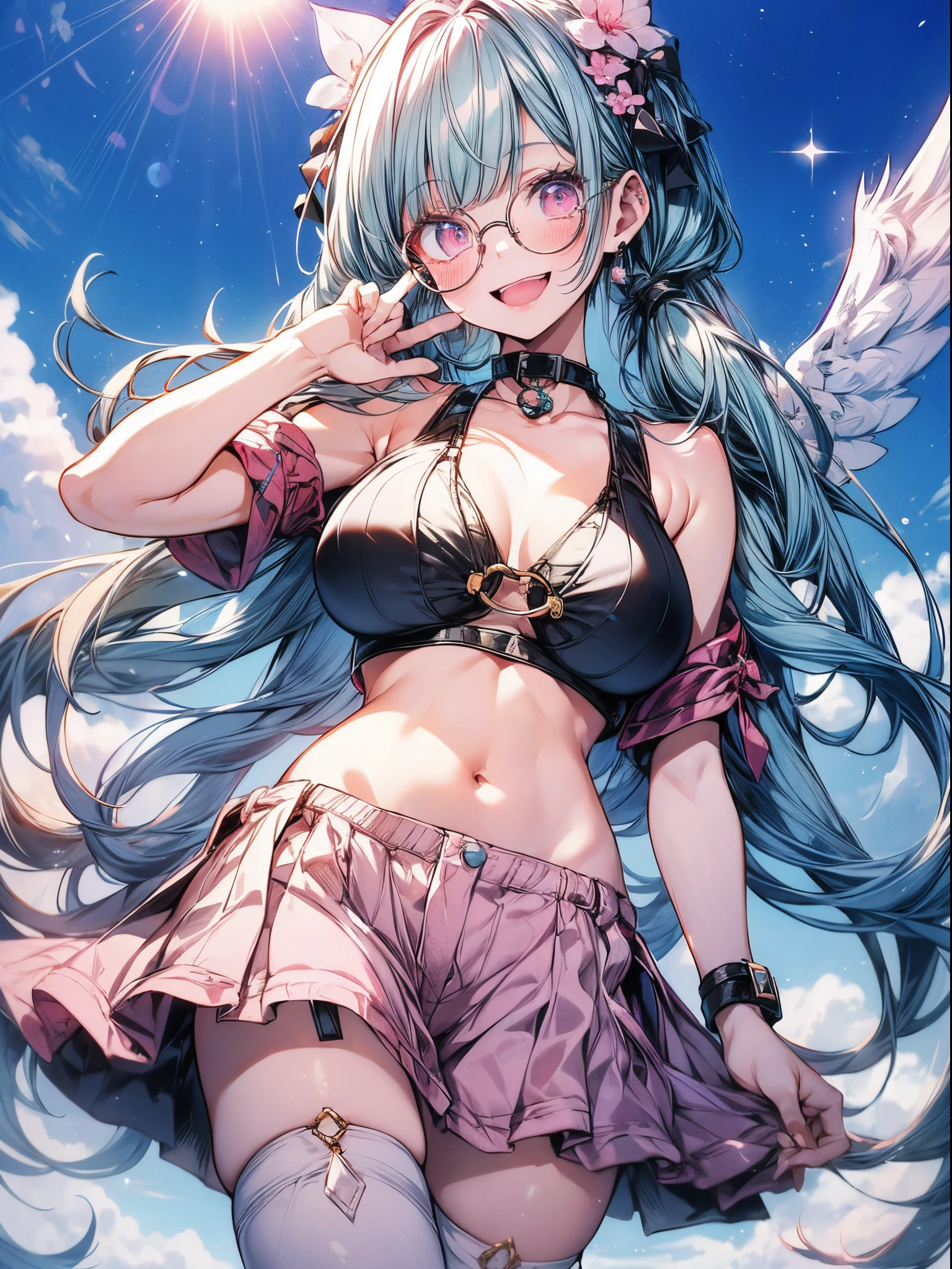 Absurdres,best quality,insanely detailed,1 cute lovely girl,cute smile,peace,(short drilled twin tail:1.2),aqua hair,pink eyes,(round-sun-glasses,pink lens :1.2),(smile with open mouth :1.2),crop top,large boobs,cleavage,navel stomach,denim micro hot pants,black and white striped over-knee high,(sagging boobs:1.2),(from below:1.2),sparkly eyes,beautiful and detailed eyes,gleaming pale skin,hand on hip,hand up with peace,learning forward,summer lighting,cinematic angel,pop theme,hyper realistic, perfect anatomy, perfect 5 fingers