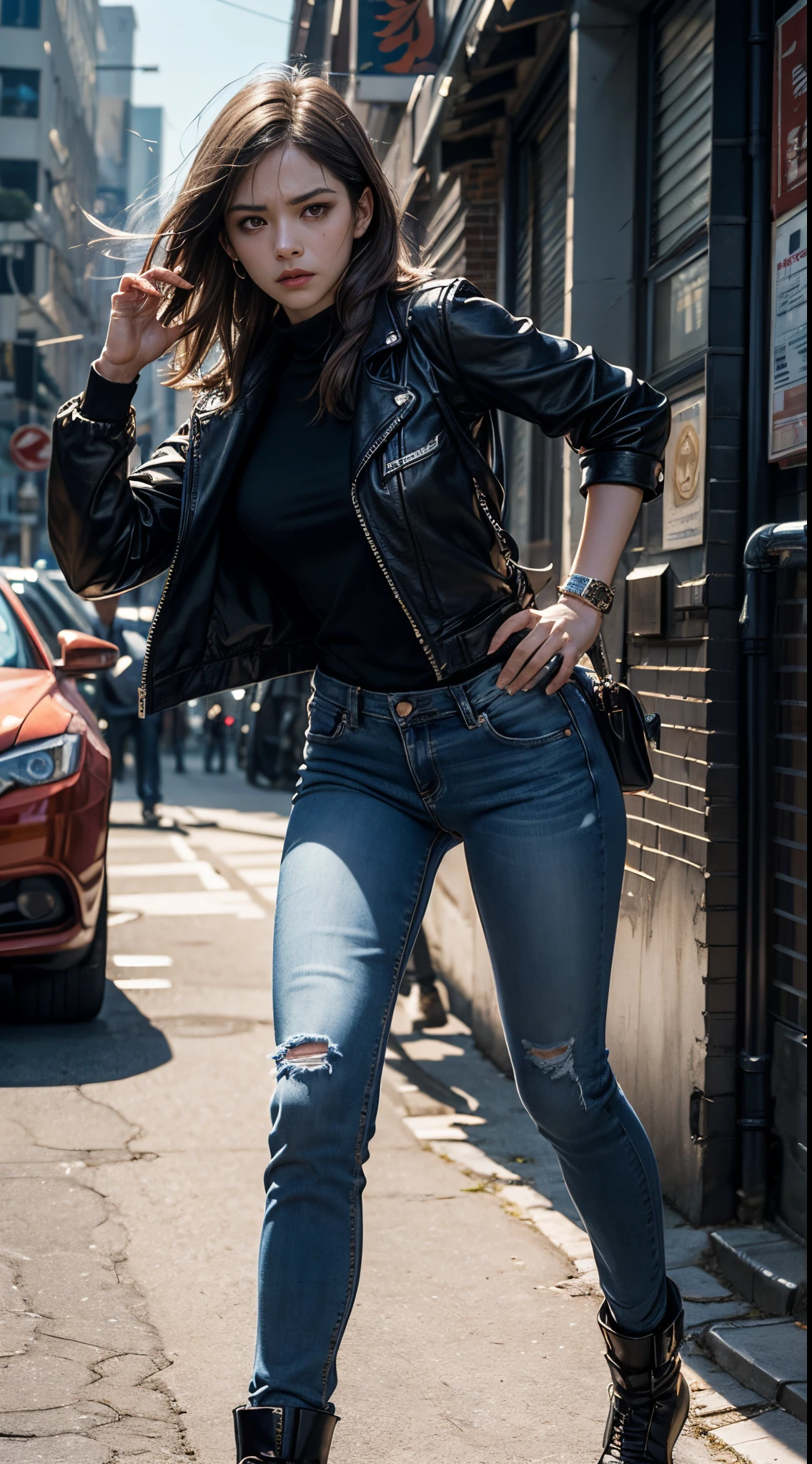 8k, top-quality, (pubic hair beauty)、hight resolution, 逼真, realperson, the met、(((Female Detective)))、chasing the criminal、((Desperate face))、Running、Sweat flows、Leather Jean、jeans、pistols、shotgun