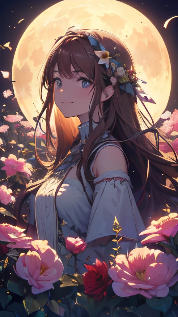 (best quality, 8k, highres, masterpiece:1.2),illustration, fantasy, long brown hair, long eyelashes, solid circle eyes, light smile, surrealism, drop shadow, anaglyph, stereogram, atmospheric perspective, super-detailed, accurate, best quality, ticker, textured skin, long dress, moon, flowers, paper cut