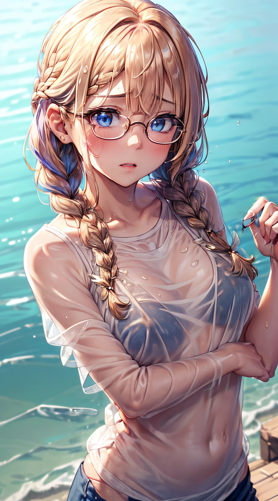 1womanl,Golden head hair, ,((Impatient expression)),Beautiful breasts,thin white tanktop,well-styled,,(Facing the front)(((Blushing cheeks、Surprised look)),(((short braid))),((( Upper body portrait)))Frameless glasses,Blue eyes,(((Bangs are aligned)))((see -through))Sexy Bra(Wet with water)