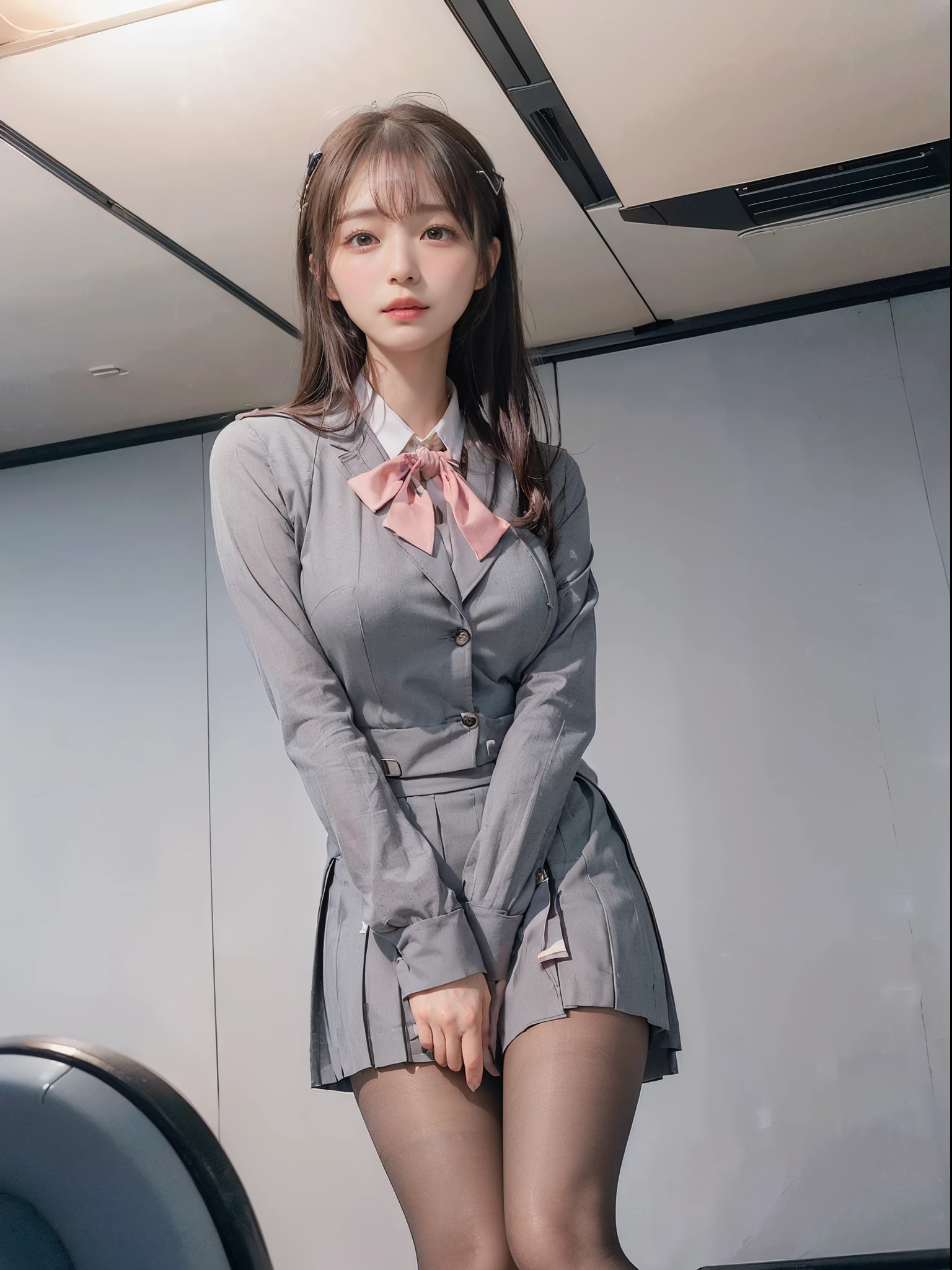 (Wear a flight attendant&#39;s gray suit and skirt,In-flight、pantyhose、From Side、looking-down、ceiling、low angles:1.8),(((Black hair up、Orgasmic expression、Embarrassing、red blush、embarrassed from、Mouth ajar))),((((Stewardess、Dark blue skirt suit、small tits、oestrus、I'm、high-heels)))),((In-flight、Stewardess))、masutepiece, 1girl in, best qualtiy, Ultra Detail, (shiny), (Small)、(((with blush cheeks,))),Ray tracing,Perfect Lighting, (milky skin:1.2),reflection,  From  above、blush, bow ribbon, yellow_Eyes, White choker, (((A slender,Japan's cutest 28-year-old beautiful girl)))