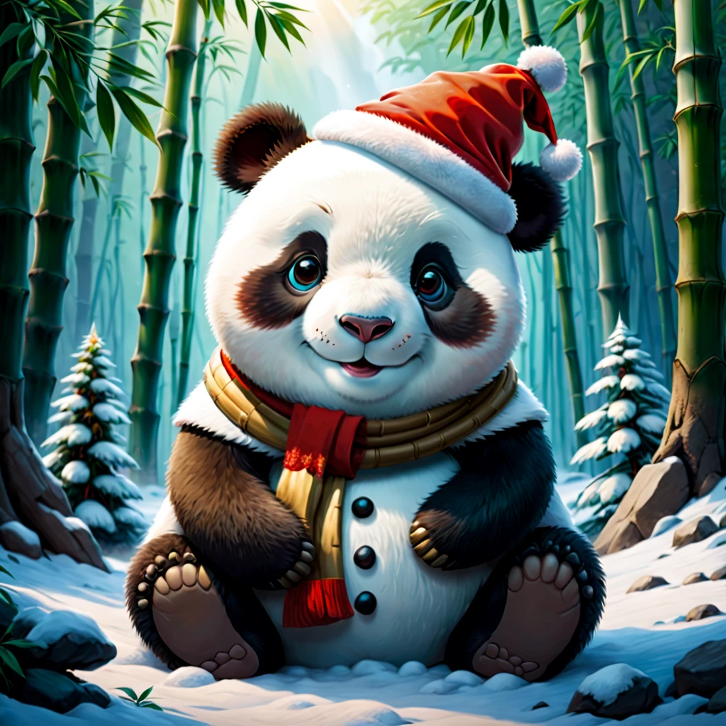 (White bamboo forest snow scene draft:1.4), (Symmetrical:1.3),(tmasterpiece, A naive and cute Chinese giant panda kneels on the snow and builds a snowman with his hands: 1.5, middle, European Christmas elements)，(Snowman wearing Christmas hat: 1.5),（China - chic illustration:1.2, Vector painting:1.2),(Chinese colors,Advanced RGB color matching),(reasonable design, Clear lines, High sharpness,Best quality, Very detailed, tmasterpiece, offcial art, movie light effect), (concept-art, Ghibli-style colors, ultra-realistic realism, hyper HD, tmasterpiece, acurate, Anatomically correct, super detailing, Award-Awarded, Best quality at best, A high resolution, 8K，The picture is bright，globalillumination，high saturated)