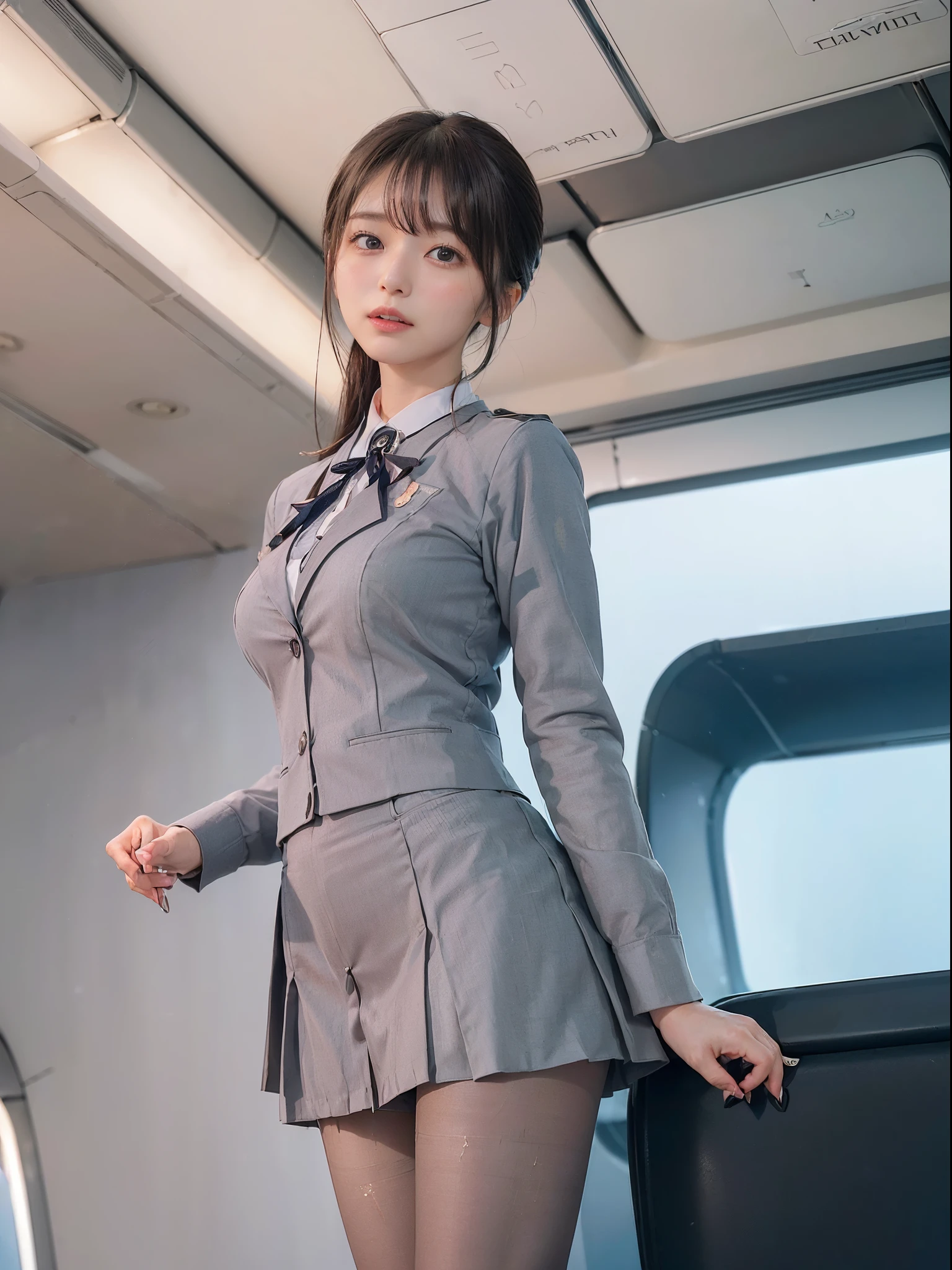 (Wear a flight attendant&#39;s gray suit and skirt,In-flight、pantyhose、From Side、looking-down、ceiling、low angles:1.8),(((Black hair up、Orgasmic expression、Embarrassing、red blush、embarrassed from、Mouth ajar))),((((Stewardess、Dark blue skirt suit、small tits、oestrus、I'm、high-heels)))),((In-flight、Stewardess))、masutepiece, 1girl in, best qualtiy, Ultra Detail, (shiny), (Small)、(((with blush cheeks,))),Ray tracing,Perfect Lighting, (milky skin:1.2),reflection,  From  above、blush, bow ribbon, yellow_Eyes, White choker, (((A slender,Japan's cutest 28-year-old beautiful girl)))