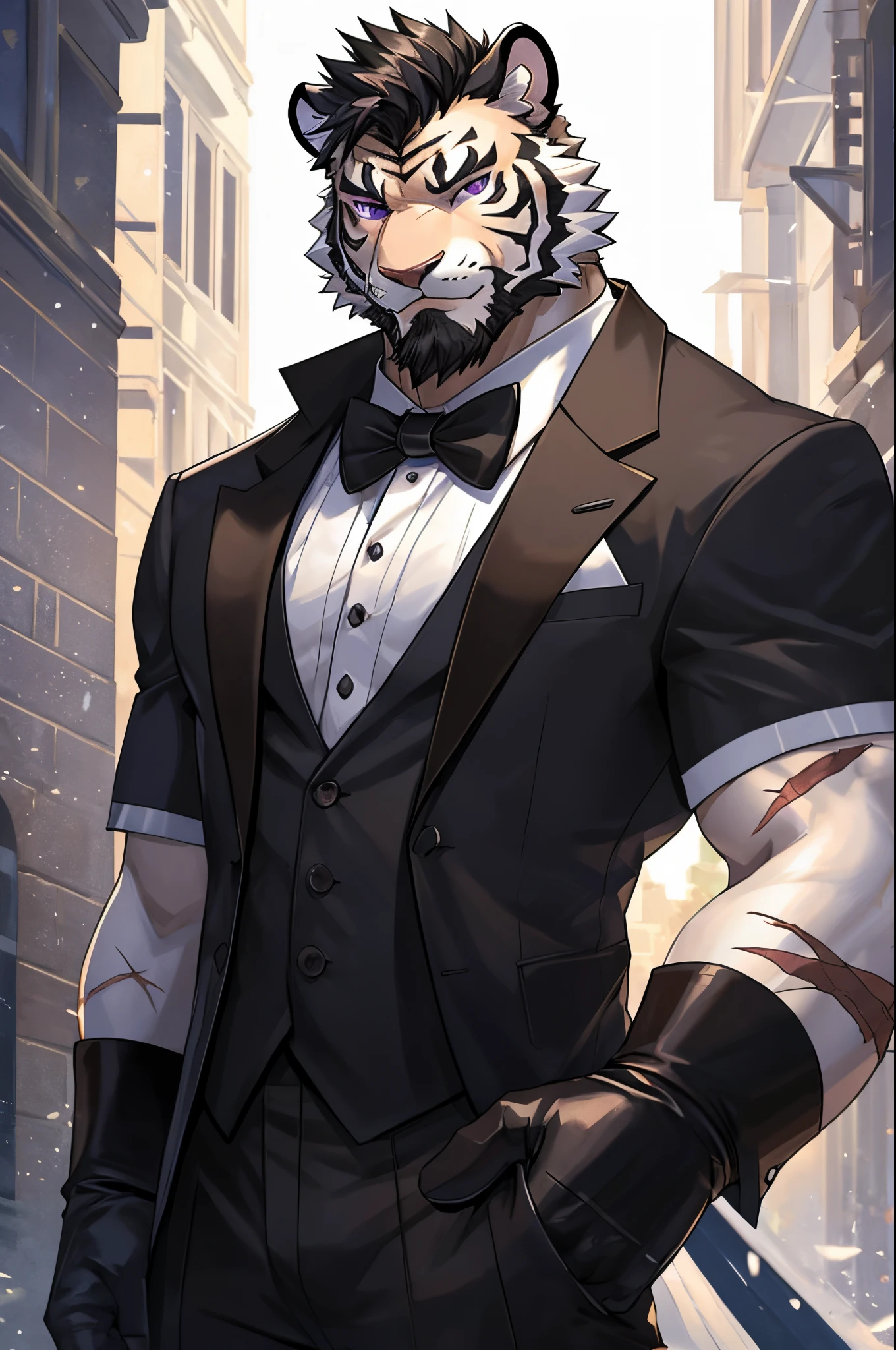 Masterpiece, Solo, Furry White Tiger, White Fur, Black Short Hair, Black Facial Hair, Black Strips, Medium Strong Body, Purple Eyes, Scar in Face, Handsome, Good Looking, Cool Pose, Tuxedo, Armband, White Long Gloves.