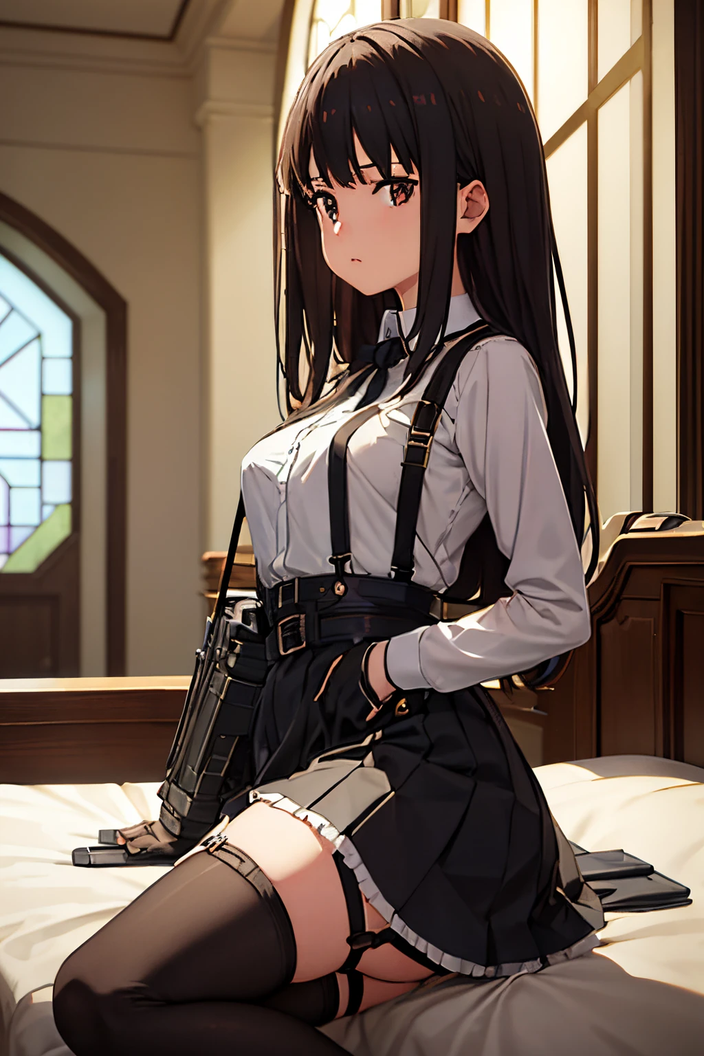 ​masterpiece、flat-colors、depth of fields、lens flare 1 girl、、Brown hair、watching at viewers　　　black suspenders　　　big breasts　　　 　 　　　walls: 　Black miniskirt　garters　　　　　　Gaze　　　Small face　bangss 　　　holster　　Belt Armament　Beautuful Women　srestrained　hands up　Lying in bed　Leg holster lying on the bed