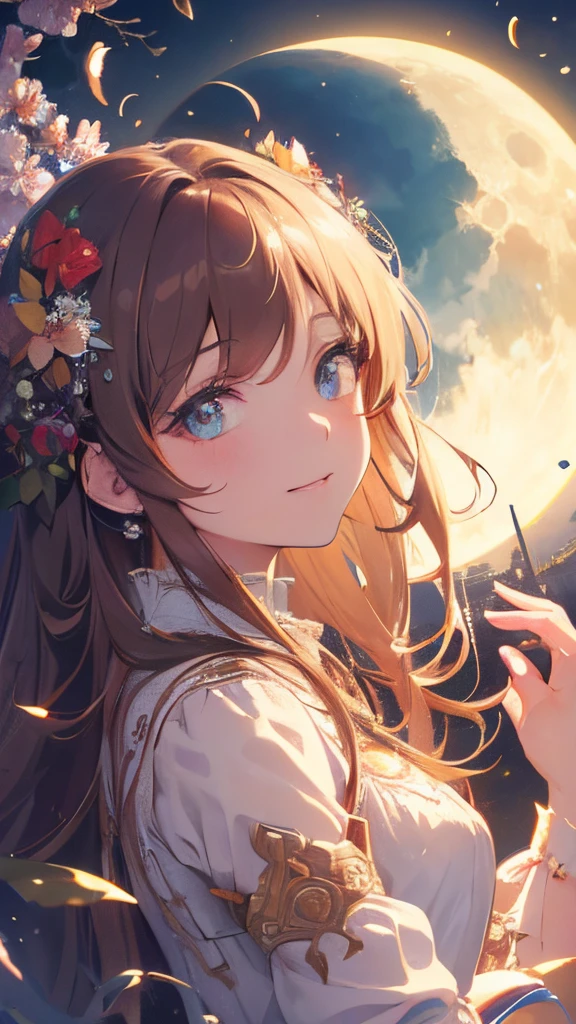 (best quality, 8k, highres, masterpiece:1.2),illustration, fantasy, long brown hair, long eyelashes, solid circle eyes, light smile, surrealism, drop shadow, anaglyph, stereogram, atmospheric perspective, super-detailed, accurate, best quality, ticker, textured skin, long dress, moon, flowers, paper cut