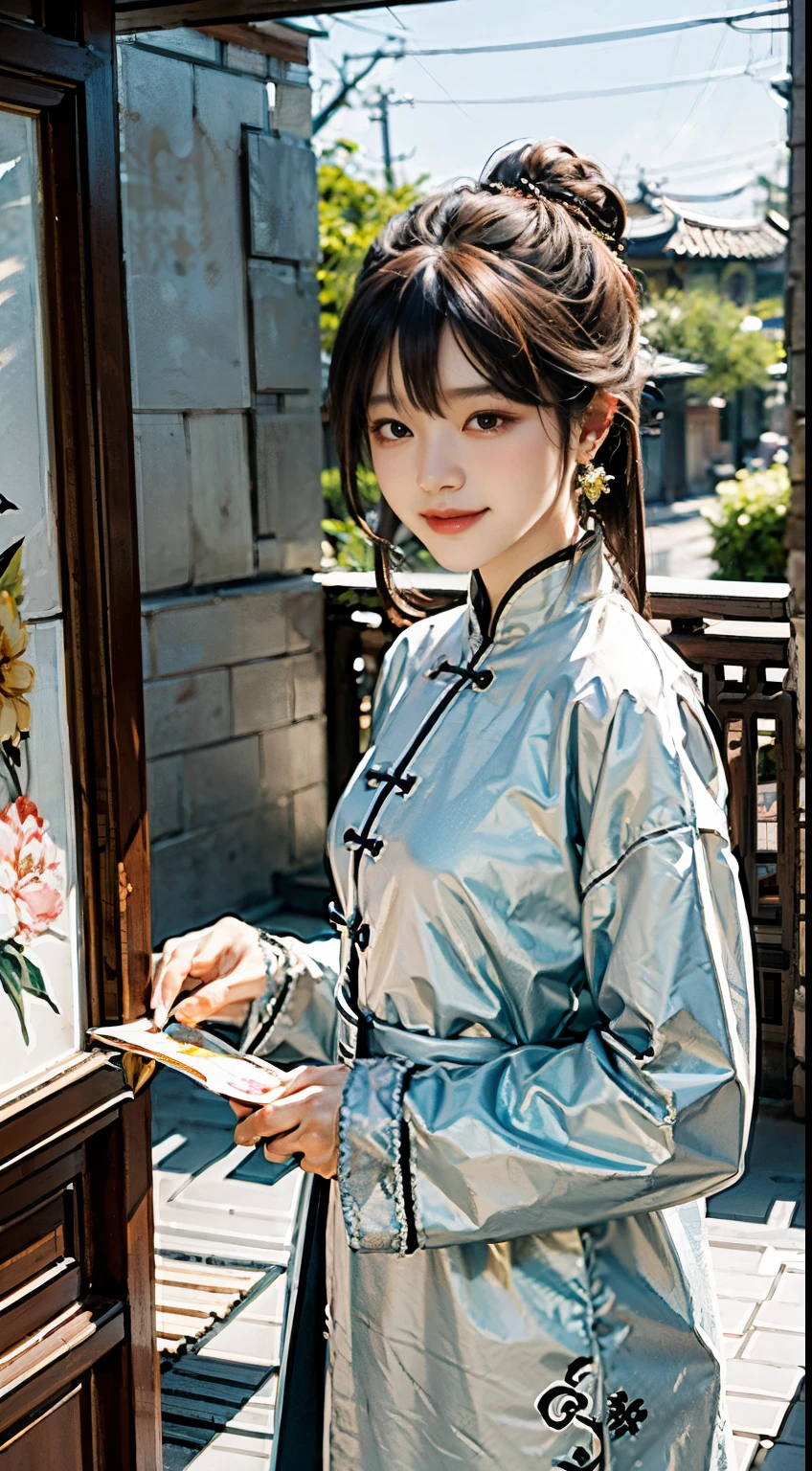 (best-quality:0.8), (best-quality:0.8), 完美的动漫插画，极度特写的美女穿城而过 身材丰满 Chinese beauty, beautiful and delicate face, loose
Han clothing, Chinese long sleeves, yellow and
white, fluttering silk, delicate round earrings,
classical atmosphere, pale skin, smile, ethereal and
dreamy, comfortable atmosphere, Song Dynasty
artist Zhao Ji style, image It imitates the famous
painting Ruihe, yellow and white, the feeling of calm
and tranquility, Chinese meticulous painting --ar3:4
--5 150
--niji 5 --style expressive