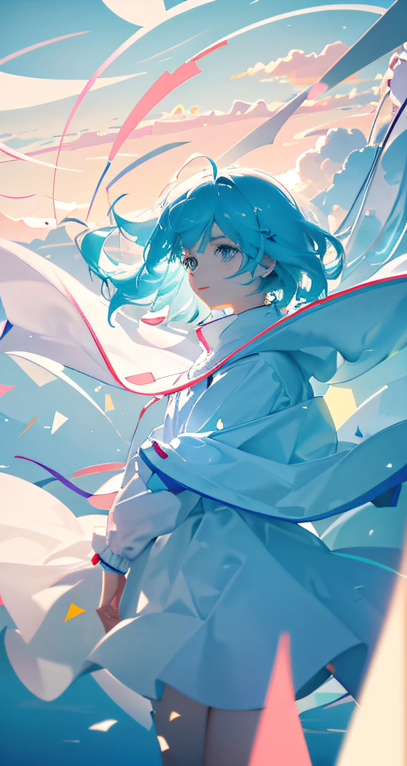 masterpiece, best quality, movie still, 1girl, floating in the sky, cloud girl, cloud, (close-up:1.1), bright, happy, fun, soft lighting, (Bauhaus, shapes, lines, abstract:1.1)