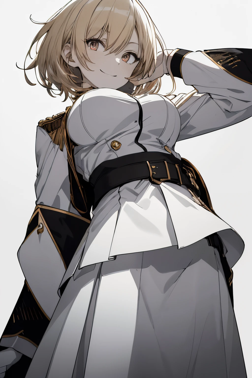 (Super Sexy Pose:1.2), (from below looking up:1.2), 1 girl in, Full body, White one-piece military uniform, (masutepiece:1.2, Best Quality), (finely detailed beautiful eye: 1.2), (beautifull detailed face), High contrast, (Best Illumination, extremely delicate and beautiful), ((Cinematic Light)), Dramatic light, Intricate details, dark orange eyes, Small boobs, Belt under boobs, White military uniform, White skirt,blonde hair, Black tie, (Pale white background:1.5), Wolf cut hair, accurate hands, Look at me and smile, ruddy skin