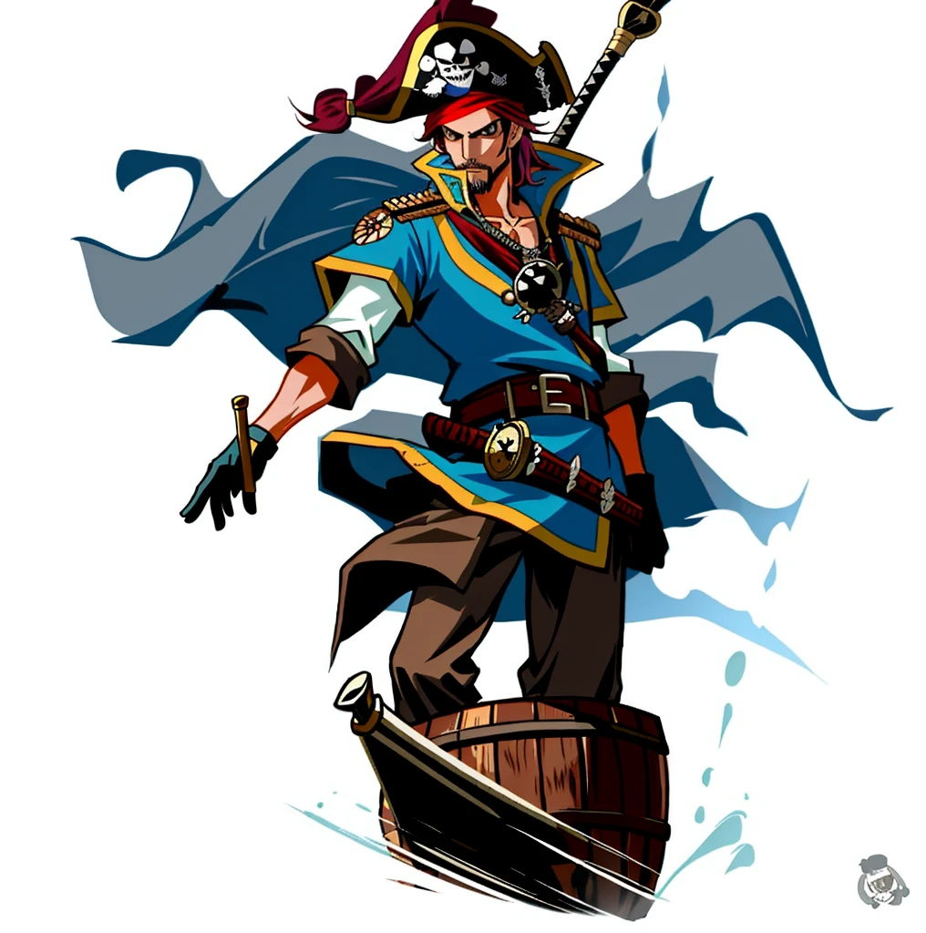 a pirate with a sword and a barrel, swashbuckler class pirate, pirate captain, a pirate, pirate, swashbuckler, pirate logo, pirates, bald male swashbuckler, captain, rum, pirate clothing, monkey island, pirate themed, the secret of monkey island, pirate clothes, king of pirates, captain jack sparrow