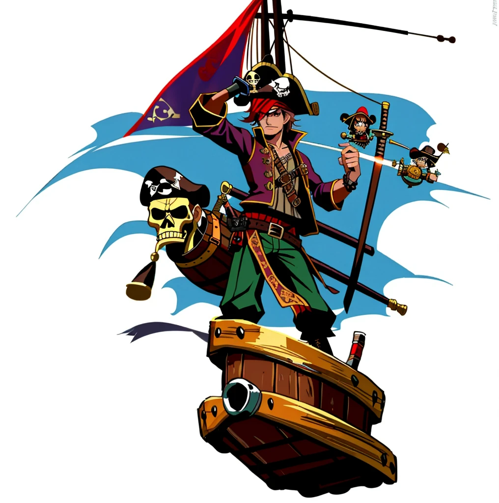a pirate with a sword and a barrel, swashbuckler class pirate, pirate captain, a pirate, pirate, swashbuckler, pirate logo, pirates, bald male swashbuckler, captain, rum, pirate clothing, monkey island, pirate themed, the secret of monkey island, pirate clothes, king of pirates, captain jack sparrow