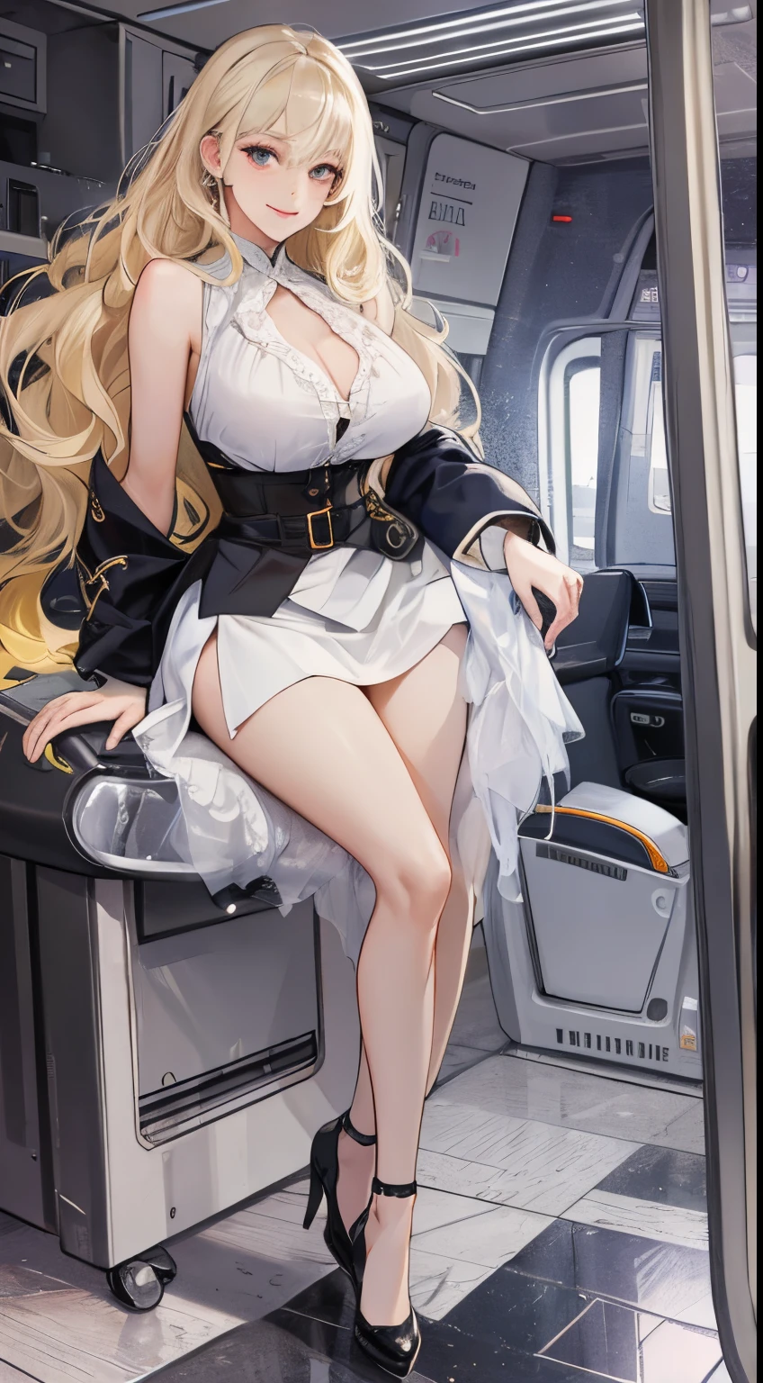 top-quality、realistic touch,high-detail、photoRealstic、、Long body、skirts that are too short、big eye、Big breasts that will tear your clothes、Strong platinum blonde eyelashes、platinum-blonde、Beautie、A sexy、full body Esbian、Sparkling eyes、Submissive smile、Flushed cheeks、Kamimei、thin-waist、Sleeveless、Voluptuous thighs、Enraptured look、shiny rubber material、cabin attendant、high-heels