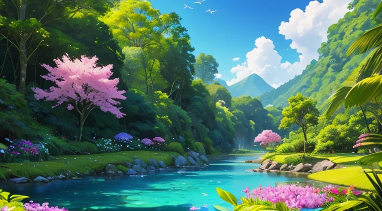 Breathtaking landscape tropical forest scenery, with a tall tree, birds, butterflys, Under the blue sky、flowers and calm stream.