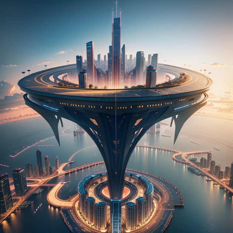 sky scrapers, loop, infinity, be deep, dynamic angle, quarter view, stereoscopic effect, multiple layers, best quality, 8K, uhd, 3D render, pov, otherworld, futuristic, round architectures, fictional materials, multiple floating vehicles, elevated roads, drones, solar powered