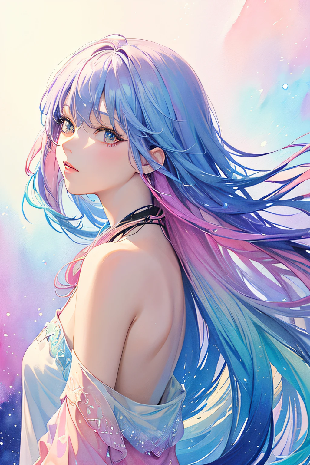 (masterpiece, top quality, best quality,watercolor (medium),official art, beautiful and aesthetic:1.2),(1girl:1.3), (fractal art:1.3),upper body, from side, looking at viewer,patterns,(rainbow color Hair,colorful hair,half blue and half pink hair:1.2),water,liquid, cloud,colorful, starry,stars,