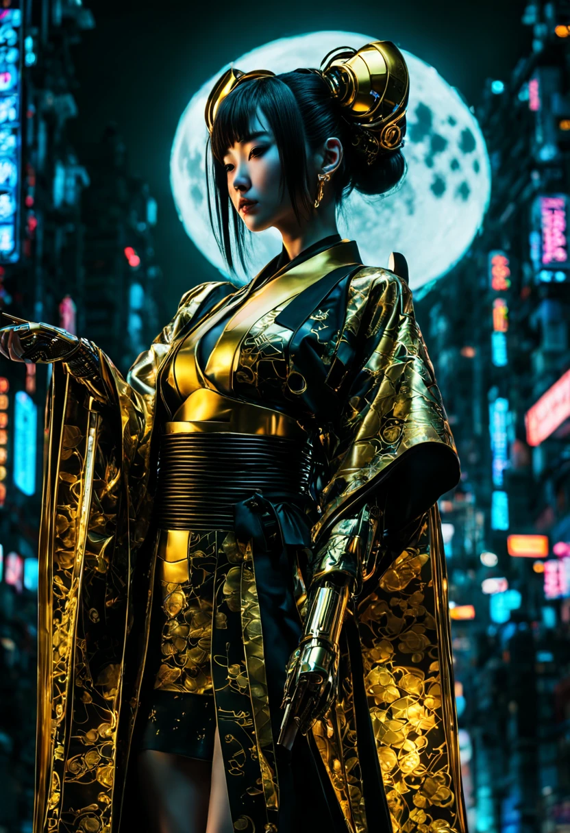 (Cyberpunk style), A Japanese Lady,Kimono that shines in gold, __quiron/generic__, Neon light, rampage, cybernetic enhancements, Futuristic, scifi, Science fiction, epicd, AI, A huge moon in the sky, Metal, wires, tech, Futuristic, Highly detailed