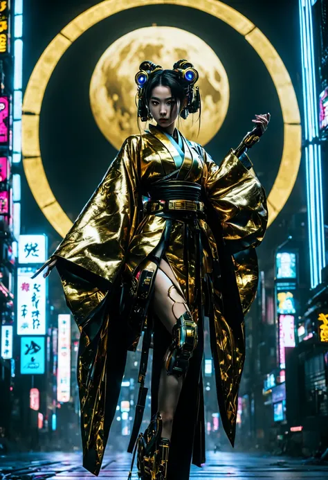 (cyberpunk style), a japanese lady,kimono that shines in gold, __quiron/generic__, neon light, rampage, cybernetic enhancements,...