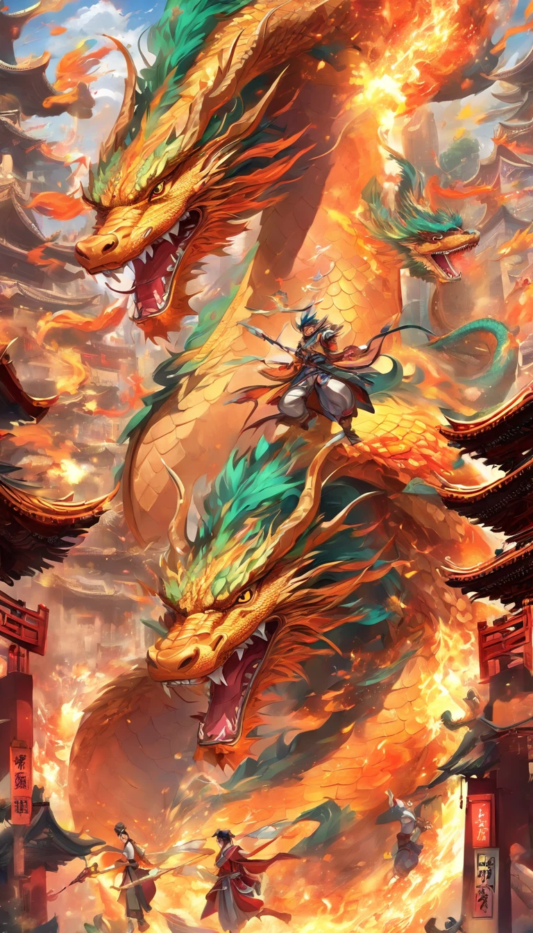 In a traditional Chinese metropolis，Dragons are created by igniting massive drones。