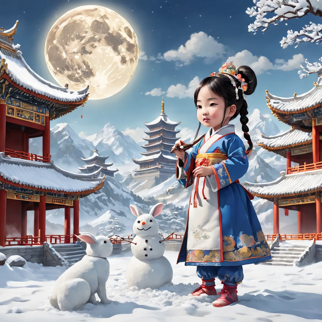 (Chinese Mythology Moon Palace Snow Scenery Draft:1.4),(Symmetrical:1.5),(tmasterpiece,1 girl playing with rabbit,Kneel on the snow and build a snowman with your hands: 1.5, middle, Chinese elements),(Snowman wearing an ancient Chinese official hat: 1.3),(China - chic illustration:1.2, Vector painting:1.2),(Chinese colors,senior color matching),(reasonable design, Clear lines, High sharpness,Best quality, Very detailed, tmasterpiece, offcial art, movie light effect), (concept-art, Ghibli-style colors, ultra-realistic realism, hyper HD, tmasterpiece, acurate, Anatomically correct, super detailing, Award-Awarded, Best quality at best, A high resolution, 8K,The picture is bright,globalillumination,high saturated)