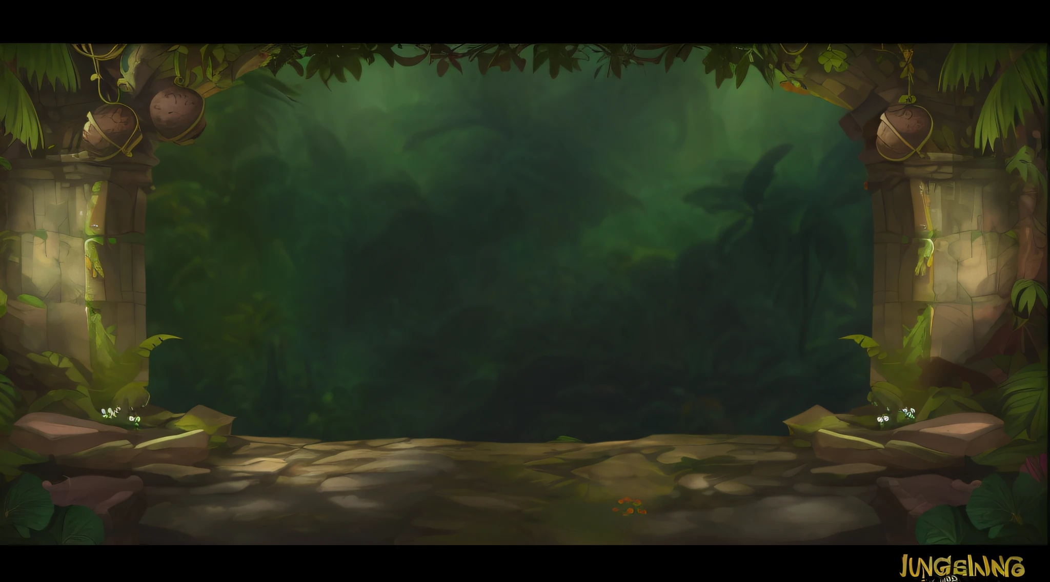 Cartoon jungle closeup with stone arch, background jungle, deep jungle texture, jungle background with ruins, jungle backdrop, 2D game art background, jungles in the background, arte de fundo, jungles in the background, jungle setting, Art Nouveau Jungle Environment, elf forest background, 2d game background, The background is jungle