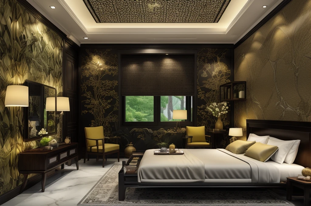 (( masterpiece)) (( ultral realistic)) (( sharp forcus)) (( high detail)) bedroom in indochina style,china , vietnam, black wooden furniture, wallpaper, patent,glossy, ceramic tiles floor,