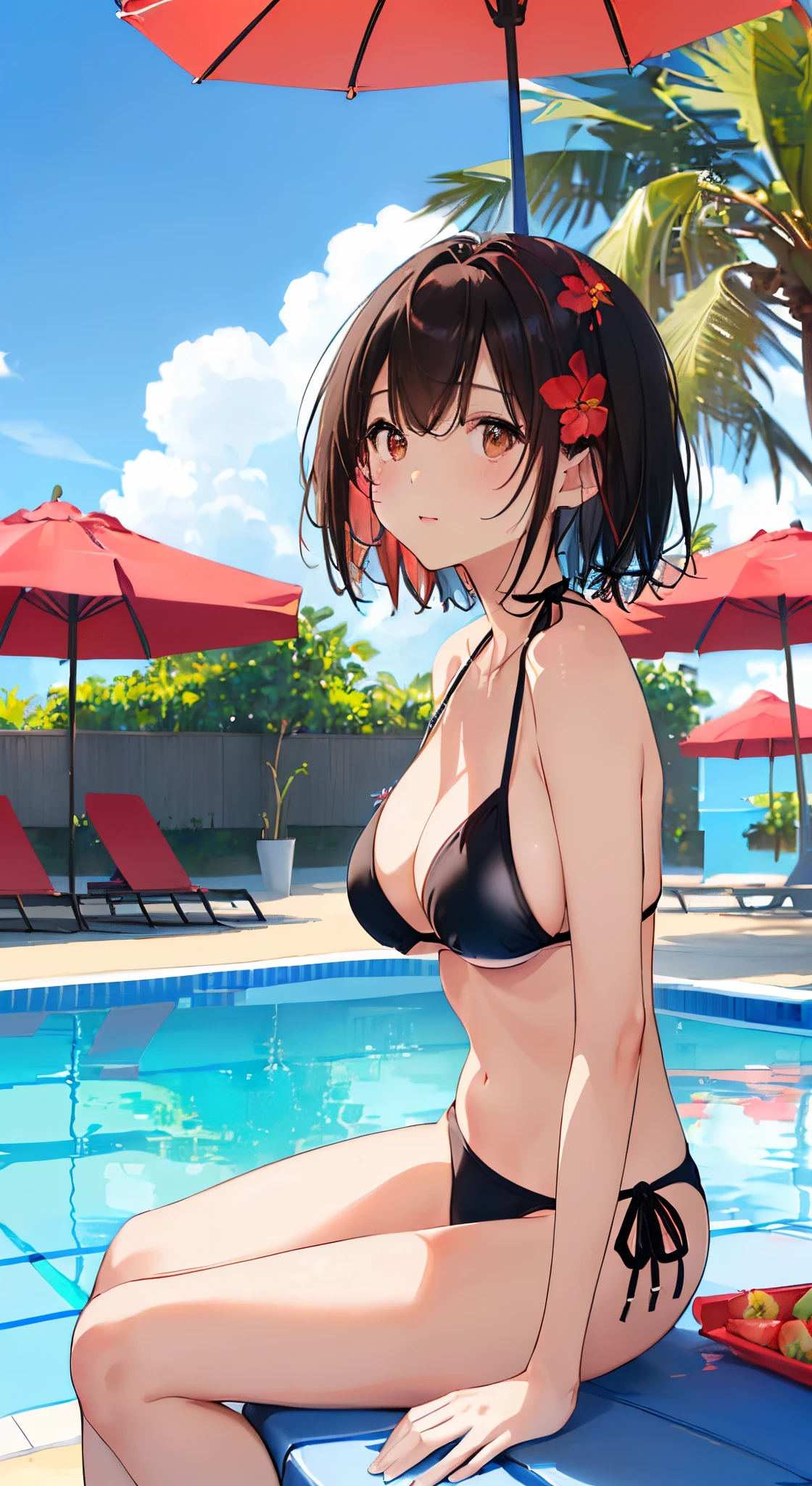 top-quality、masterpiece、tre anatomically correct、(1 adult female:1.3)、(Soft bust:1.2)、natural(large boob)、cleavage of the breast、(to close range:1.2)、(Seated Pose)、slender、(Thin and simple black small bikini swimsuit:1.2)、(Medium short hair)、(White highlights of the pupil:1.2)、dark reddish brown eyes、(Look at viewers:1.2)、de pele branca、Textured skin、A slight smil、red blush、(Blue summer sky:1.3)、(Avoid the background around the upper body:1.3)、(Blur the background a lot to make the woman stand out:1.3)、(Beautiful background by the pool on the beach:1.3)、(Beautiful summer flowers)