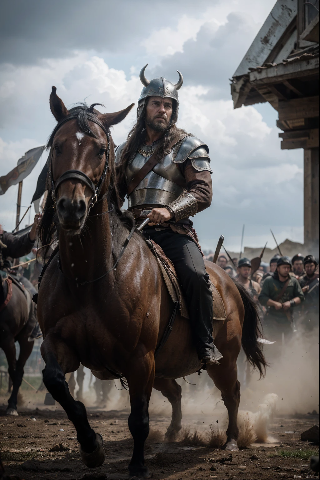 In the heart of an epic battlefield, where the clash of steel and the war cries of thousands resonate, a singular figure emerges as the embodiment of war's raw power. Mounted atop a mighty steed, a Viking chieftain cuts a striking silhouette against the backdrop of swirling dust and billowing smoke.
His armor, meticulously crafted and etched with the tales of his lineage, gleams under the harsh sunlight. A horned helmet sits atop his head, casting a formidable shadow over his face. His eyes, fierce and unyielding, lock onto the horizon as if challenging the gods themselves. A braided beard, adorned with beads and tokens of valor, dances in the wind with every swift movement of the warhorse beneath him.
In one hand, he wields a massive sword, its blade reflecting the agony and triumph of countless battles. The other hand tightly grips the reins, guiding the horse through the chaos with an innate connection between man and beast. The muscles in the Viking's arms ripple with the effort of controlling the powerful warhorse, each sinew a testament to a lifetime of warfare and conquest.
As the Viking charges towards the heart of the conflict, his presence is both a rallying cry for his comrades and a harbinger of doom for his foes. The intensity of the moment is etched onto his face, every scar and furrow telling a tale of survival and conquest. The world around him blurs as the battle reaches its crescendo, but the Viking, a living embodiment of the ferocity and resilience of his people, remains an unwavering force in the storm of war