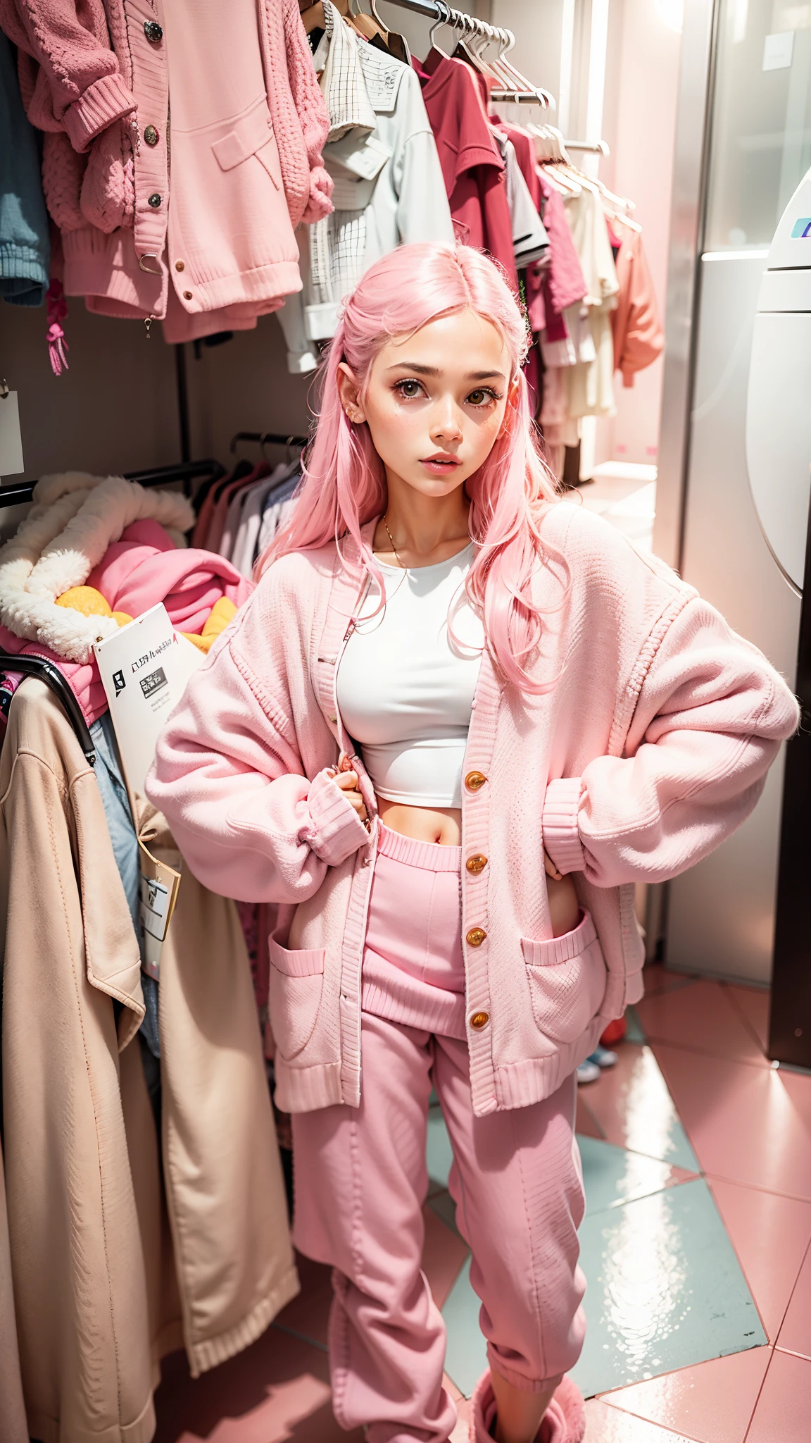 there is a woman standing in a store with a pink and white jacket, cardigan, pink clothes, trendy clothes, candid picture, with lovely look, fashion model, teenage girl, dressed with long fluent clothes, wearing in cardigan, wearing a cardigan, pastel clothing, y2k style, y 2 k style, teenager girl, pink girl, white and pink, casual clothes