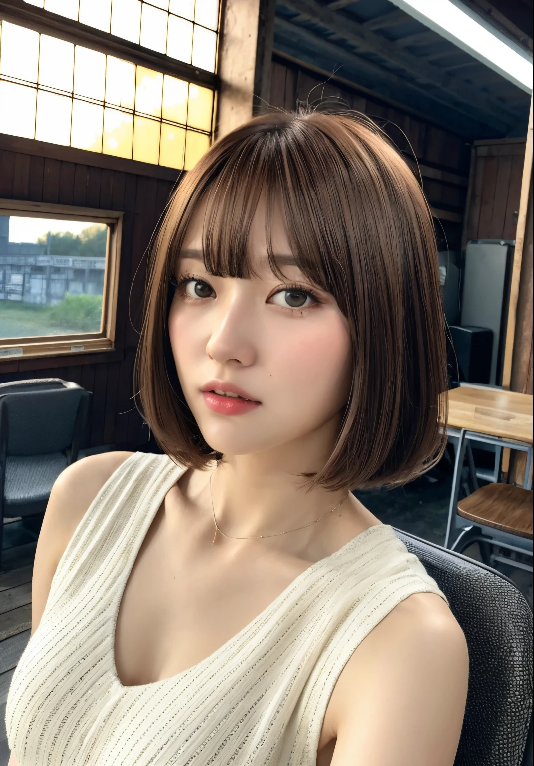 one-girl, brunette color hair, By bangs, Bob cuts hair, A white haircut tied around the neck, sit on chair，The back is straight, Showa retro old and narrow abandoned train station waiting room, mental silence, Transcendental tranquility, absurd res, HighDynamicRange, hyper detailed illustration, The face is very detailed, Original photography, filmgrain, abnormal trend, the night, A cinematic scene,