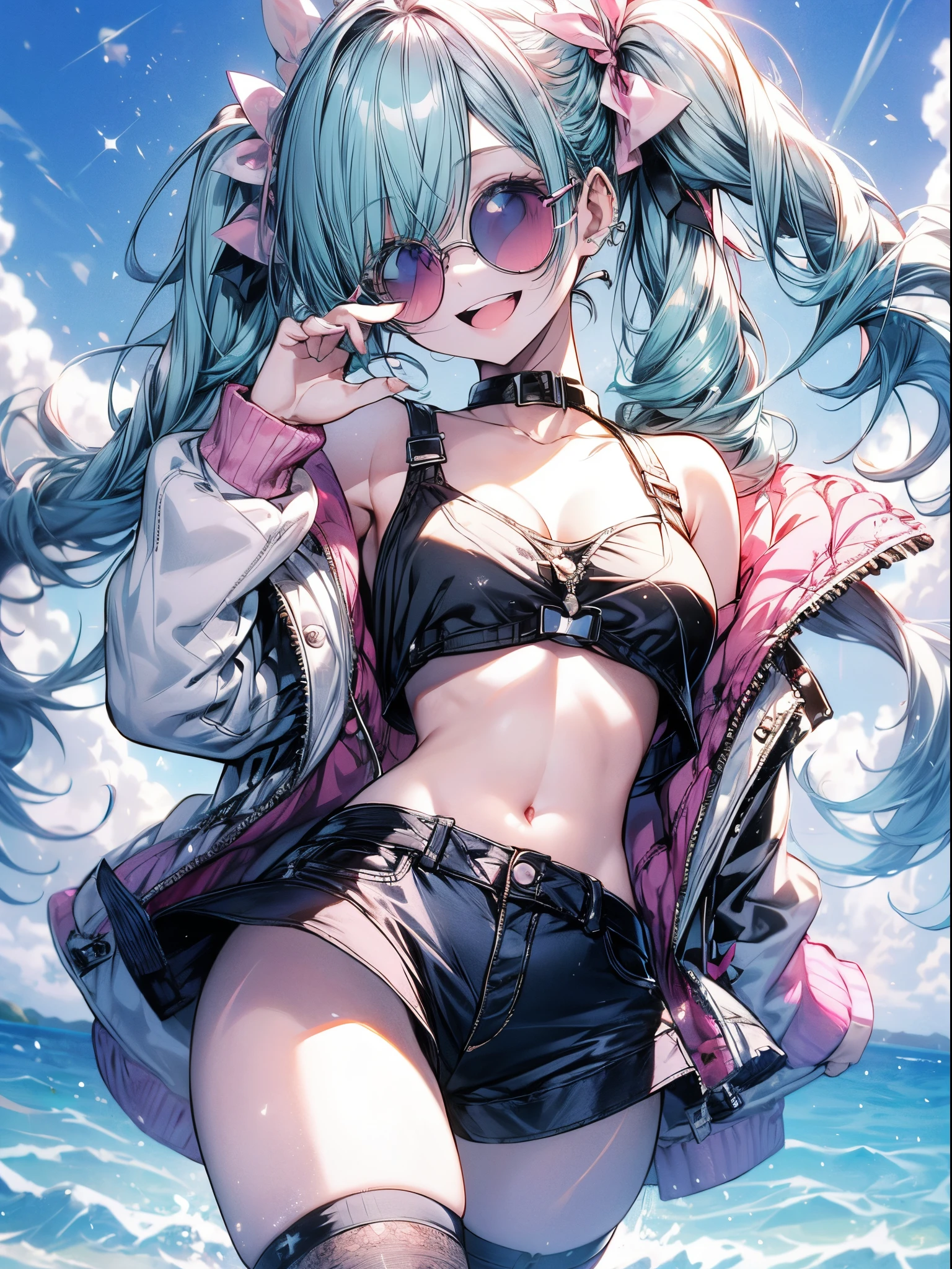 absurderes,Best Quality,Insanely detailed,1 cute lovely girl,Cute smile,Peace,(short drill twin tails:1.2),(aqua hair,Pink eyes:1.2),(Round sunglasses,Pink Lens :1.2),(Smile with open mouth :1.2),croptop,large boob,cleavage,navel stomach,Denim Micro Hot Pants,black and white striped over knee highs,sparkly eyes,Beautiful and detailed eyes,glowing pale skin,put hands on the hip,raise your hands peacefully,learning forward,Summer lighting,Cinematic Angel,Pop Theme,Hyper realistic, Perfect Anatomy, Perfect five fingers