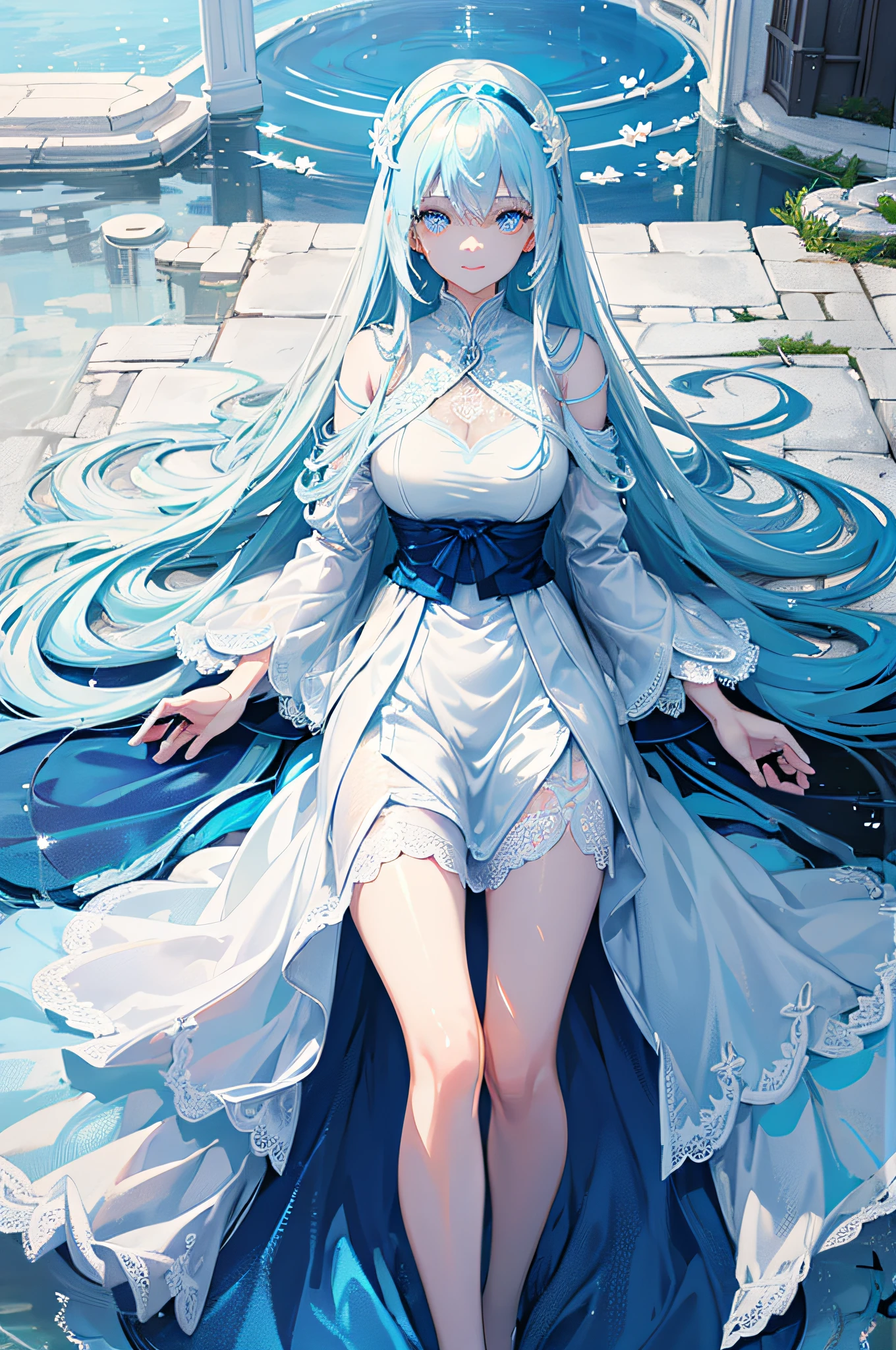 Long Light Blue Dark Color Hair, blue eyess White lace dress lotus pond A smile masterpiece Top image quality Clear cinematic shadow Increased attractiveness of the eyes Clear the shine of the eyes Draw eyelashes neatly Perfect Eye A detailed eye Sharpen image quality Sharpen eye writing Clear eye shape