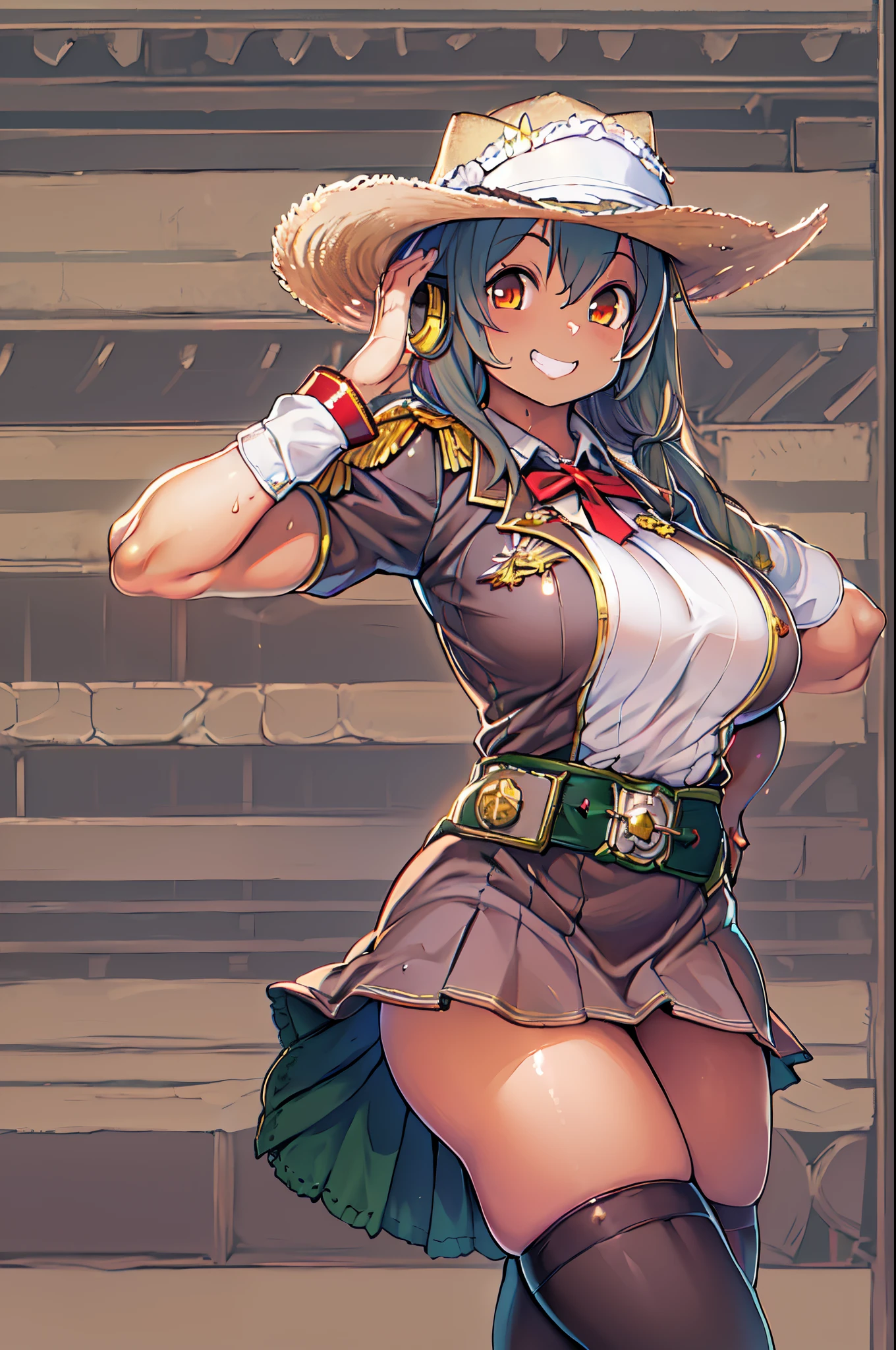 (masutepiece, Best Quality:1.2), Cowboy Shot, Solo, 1girl in, alicia melchiott, Smile, Looking at Viewer, arms folded, Twin-tailed, Head dress, Military uniform, neck tie, thighs thighs thighs thighs,huge-breasted、